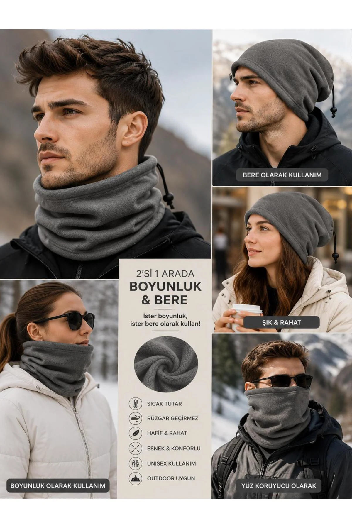 Unisex Polar Boyunlu Bere 2'si 1 Arada Kışlık Sıcak tutan Ayarlanabilir Outdoor Boyunluk