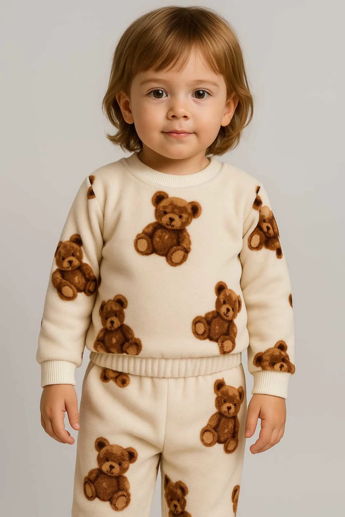 Unisex Polar Tüy Peluş Kışlık Çocuk ve Bebek Eşofman Takımı (1-4 