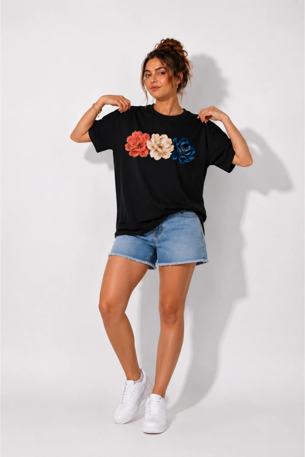 Unisex renkli çiçek baskılı bisiklet yaka tişört T-shirt