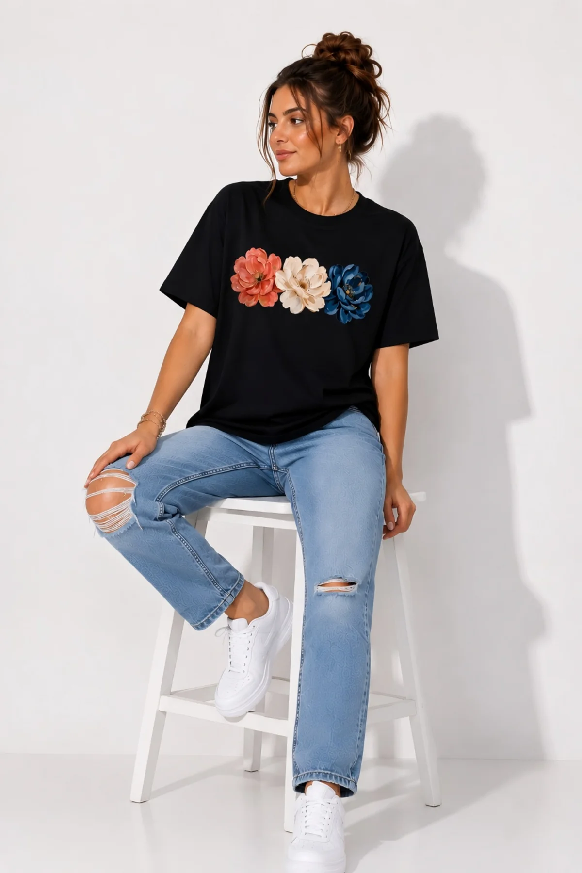 Unisex renkli çiçek baskılı bisiklet yaka tişört T-shirt