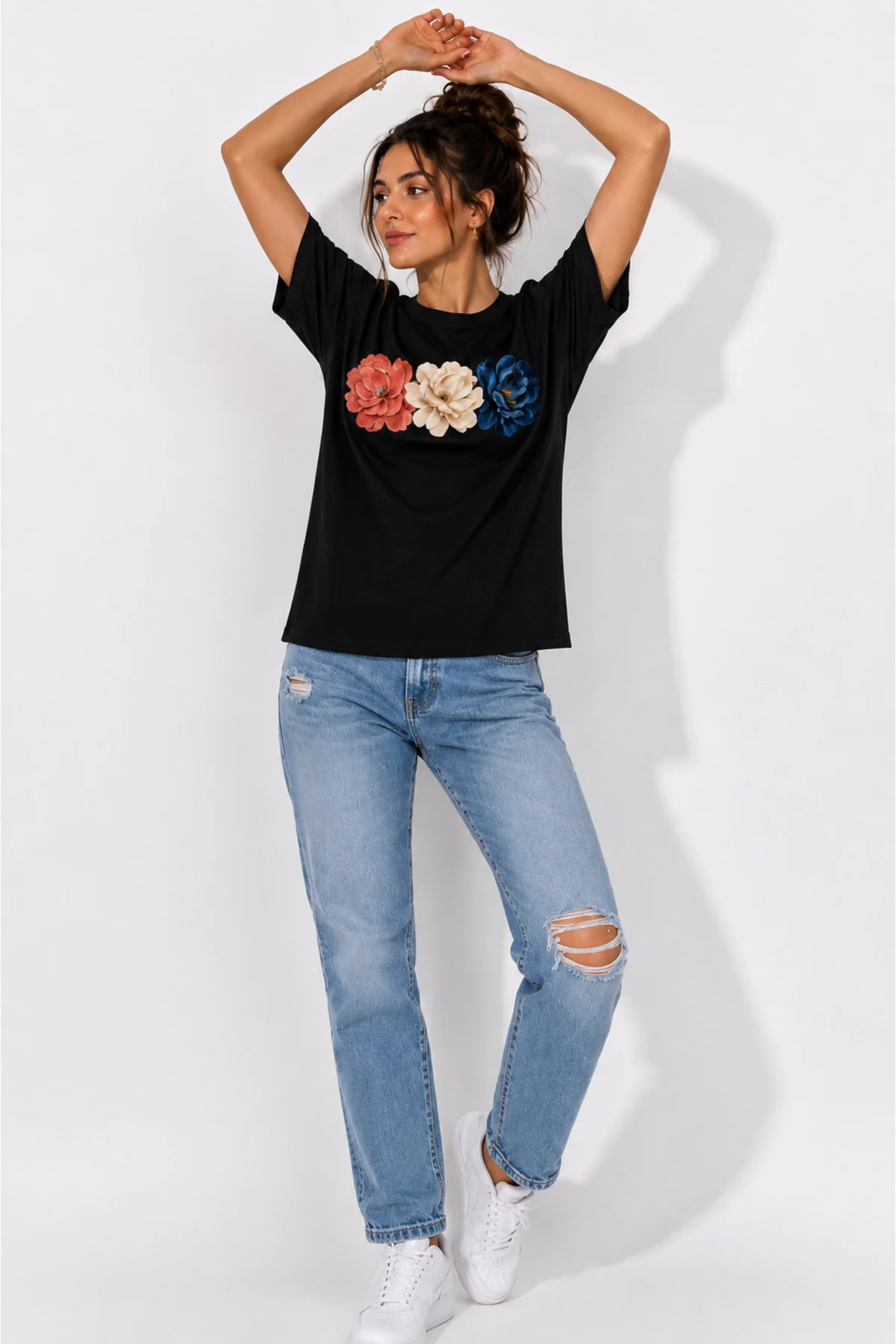 Unisex renkli çiçek baskılı bisiklet yaka tişört T-shirt
