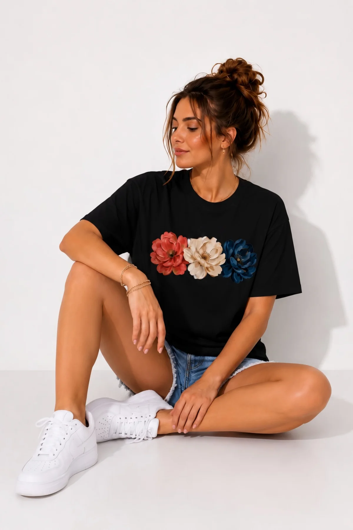 Unisex renkli çiçek baskılı bisiklet yaka tişört T-shirt