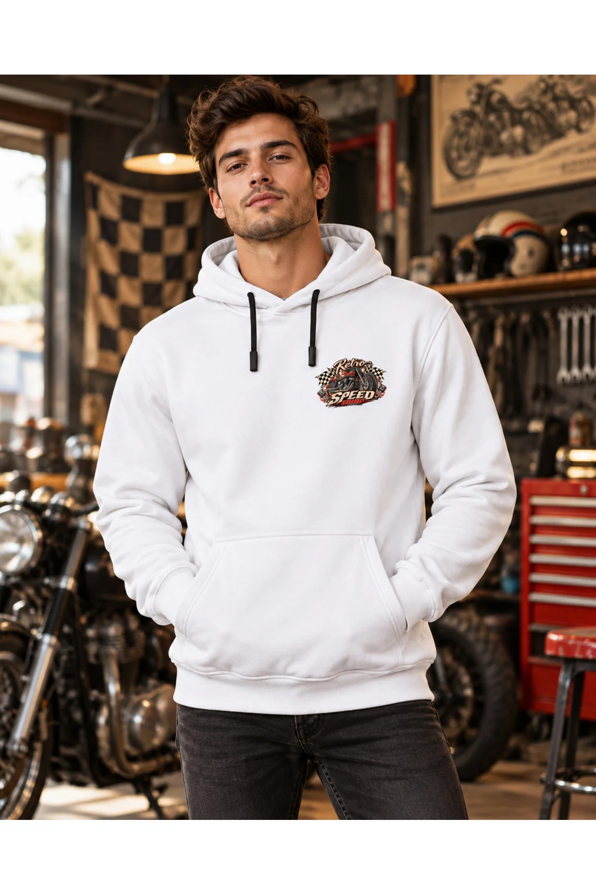 Unisex Retro Speed Shop Baskılı Kapüşonlu Sweatshirt Racing Garage Motor Tasarım Unisex Retro Speed Shop Baskılı Kapüşonlu Sweatshirt Racing Garage Motor Tasarım