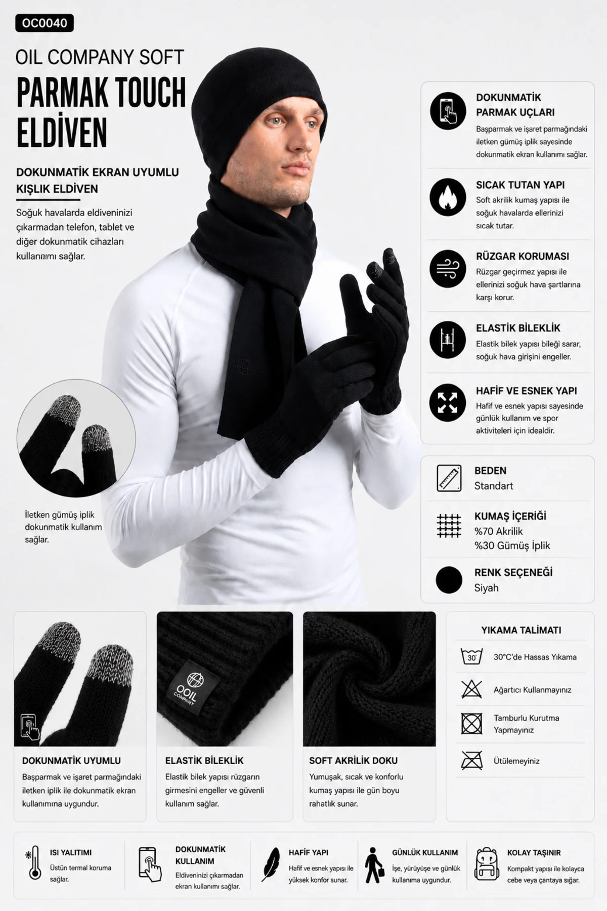 Unisex Rüzgar Geçirmez Esnek Kışlık Soft Parmak Touch Siyah Eldiven Dokunmatik Parmak Özellikli