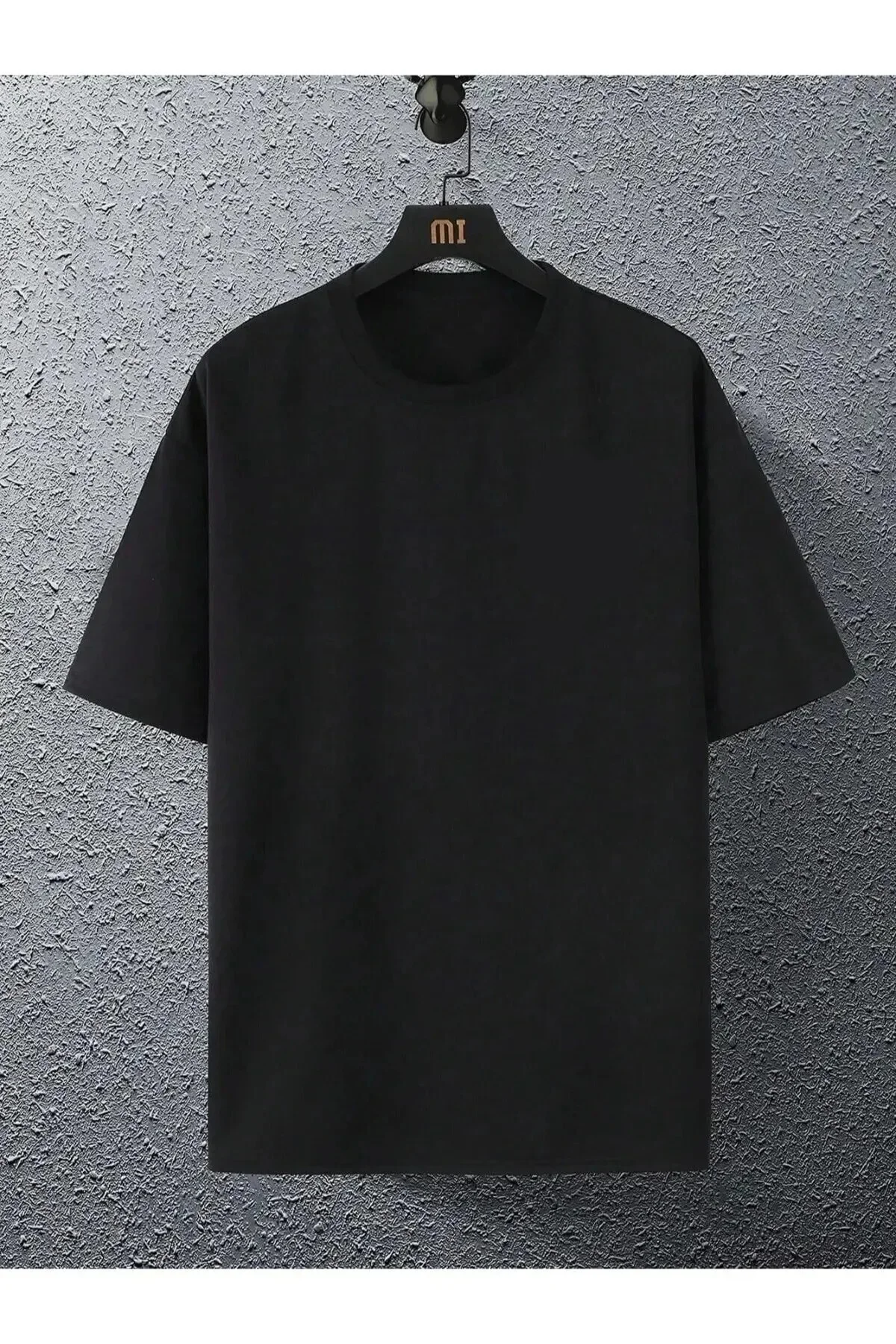 Unisex Siyah Arkası Gezegen Baskılı Oversize Bisiklet Yaka Tshirt