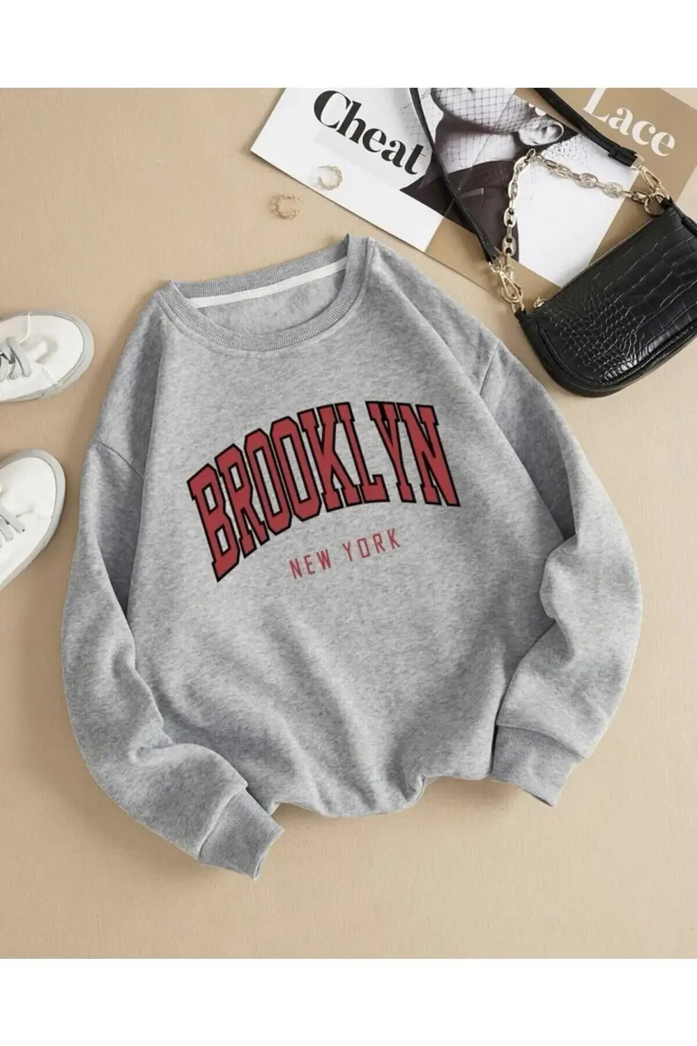Ünisex Siyah Bronklyn Baskılı Oversize Sweatshirt