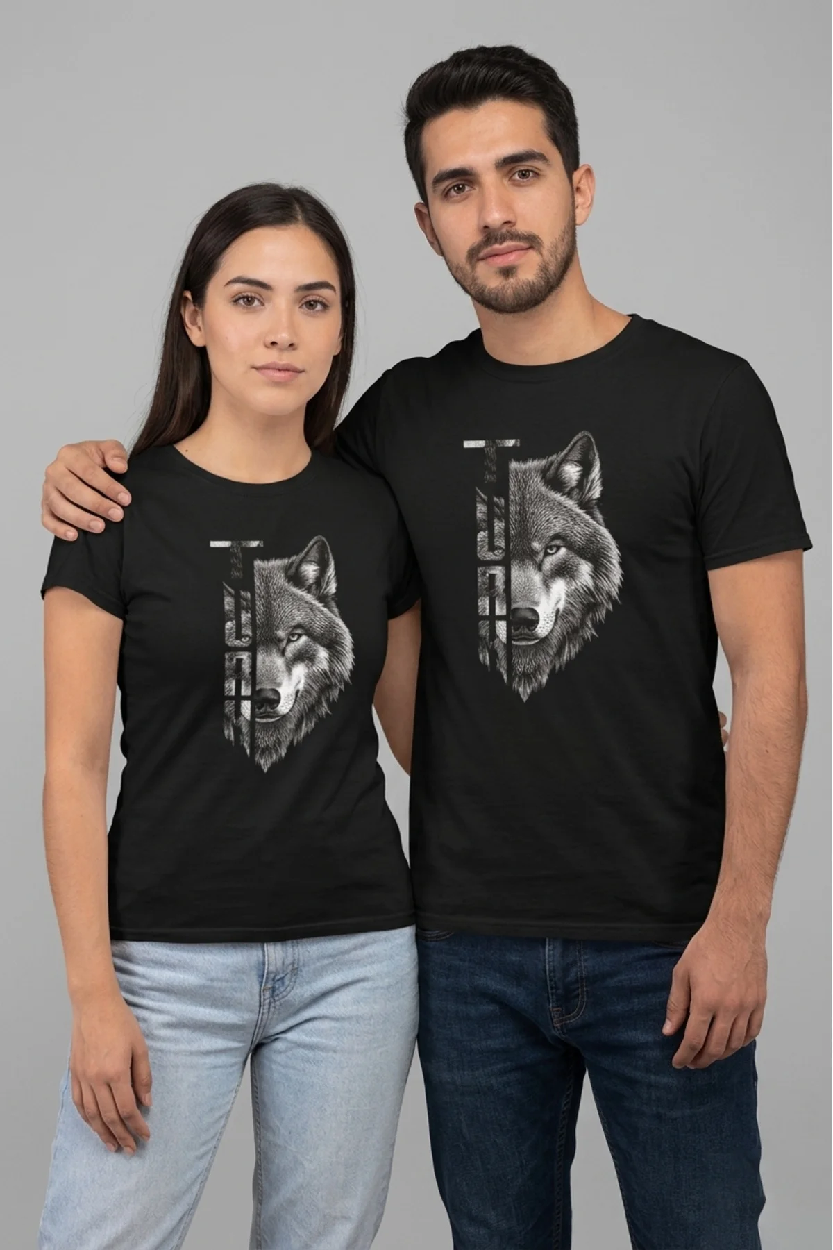 Unisex Siyah Turan Ve Kurt Silüet Baskılı Tişört Rahat Kesim Bozk