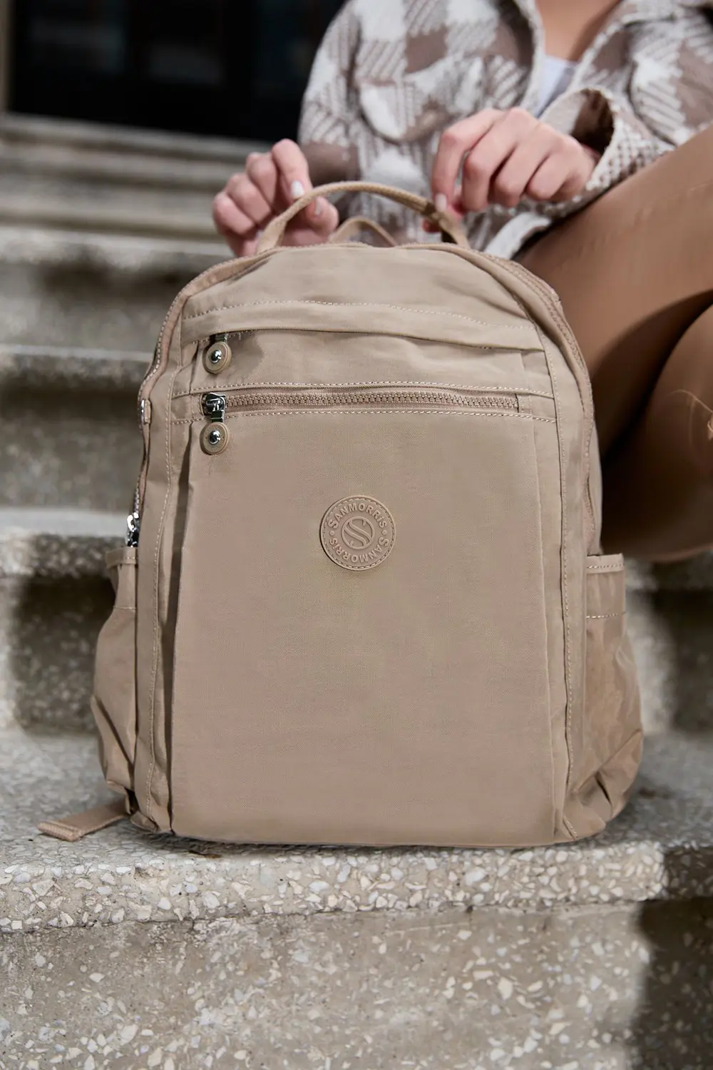 Unisex Suya Dayanıklı Krinkıl Kumaş Çok Gözlü Bej Laptop Okul Ve 