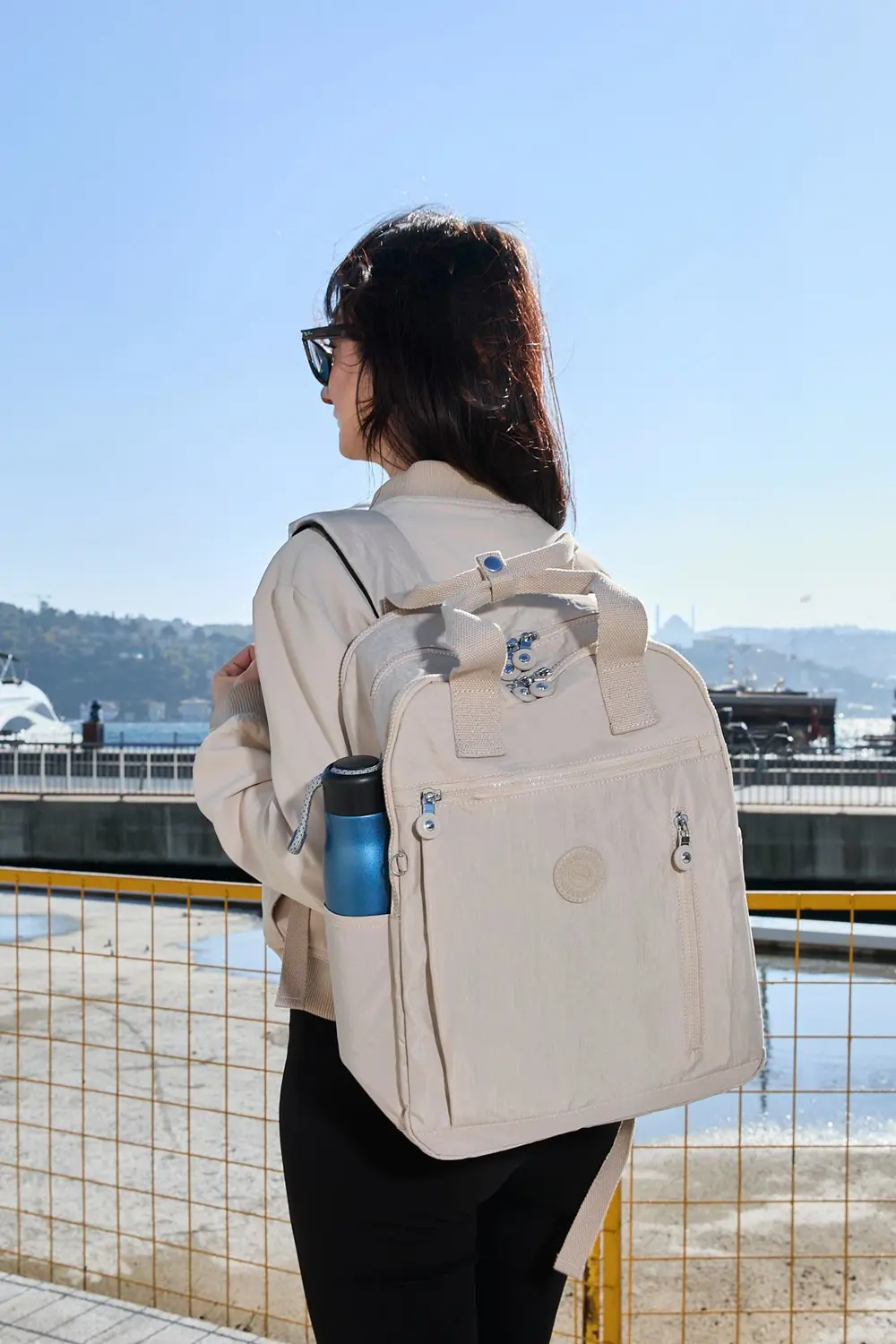 Unisex Suya Dayanıklı Krinkıl Kumaş Çok Gözlü Krem Laptop Okul Ve