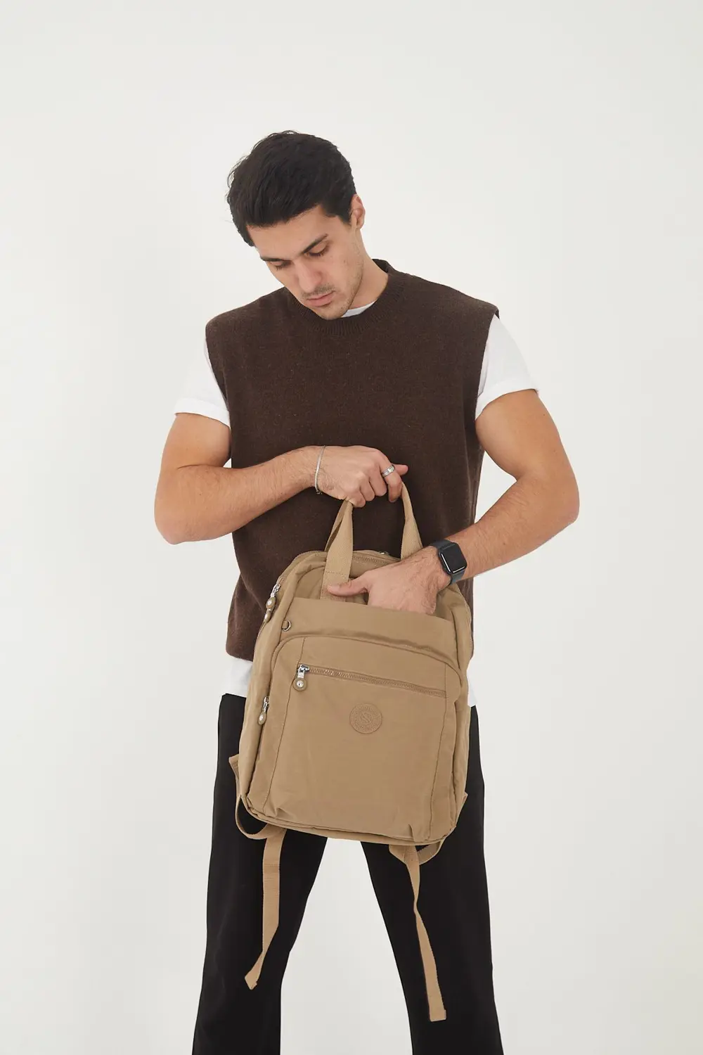 Unisex Suya Dayanıklı Orta Boy Krinkıl Kumaş Çok Gözlü Bej Laptop