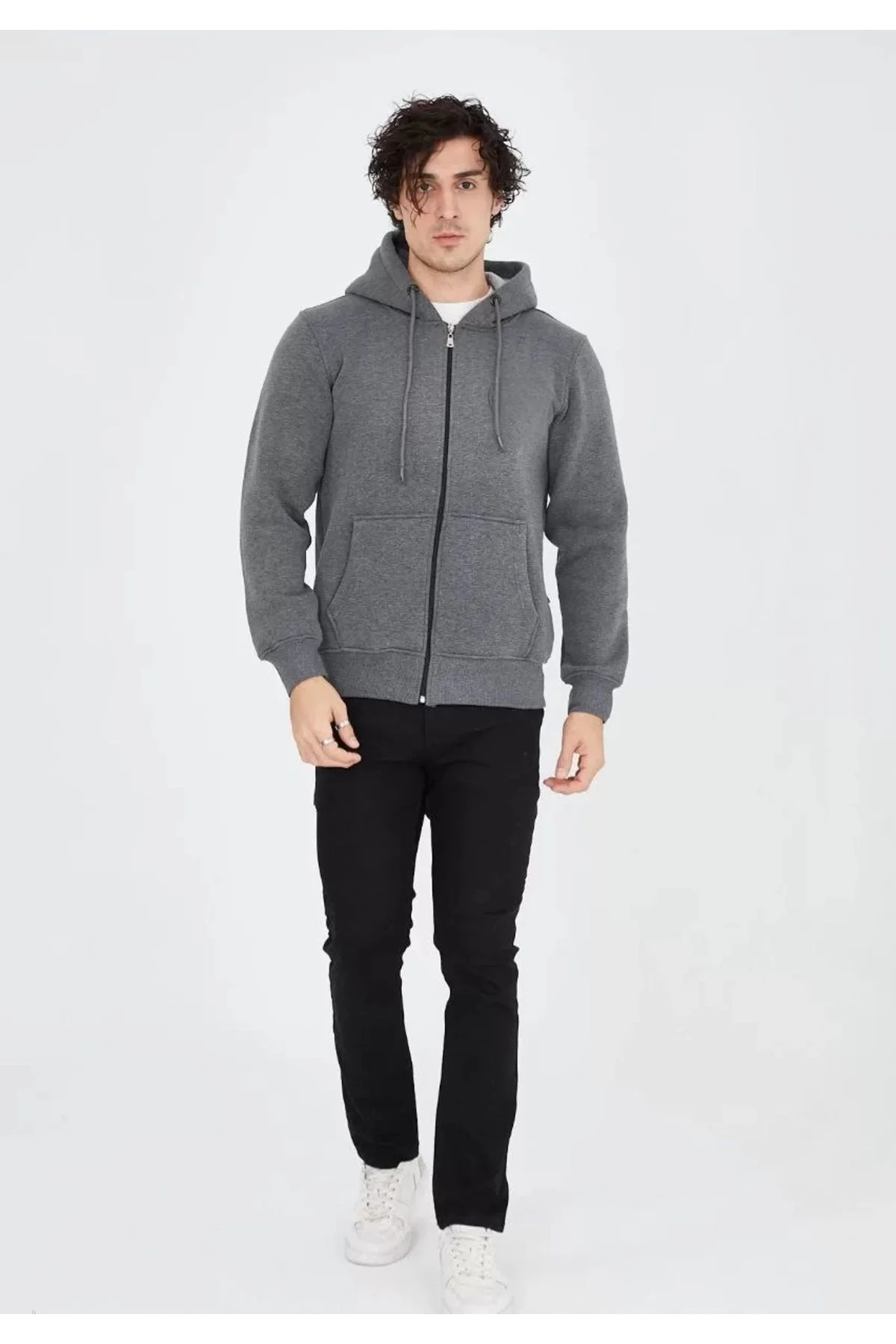 Unisex Tam Fermuarlı Kapşonlu  SweatShirt - Füme