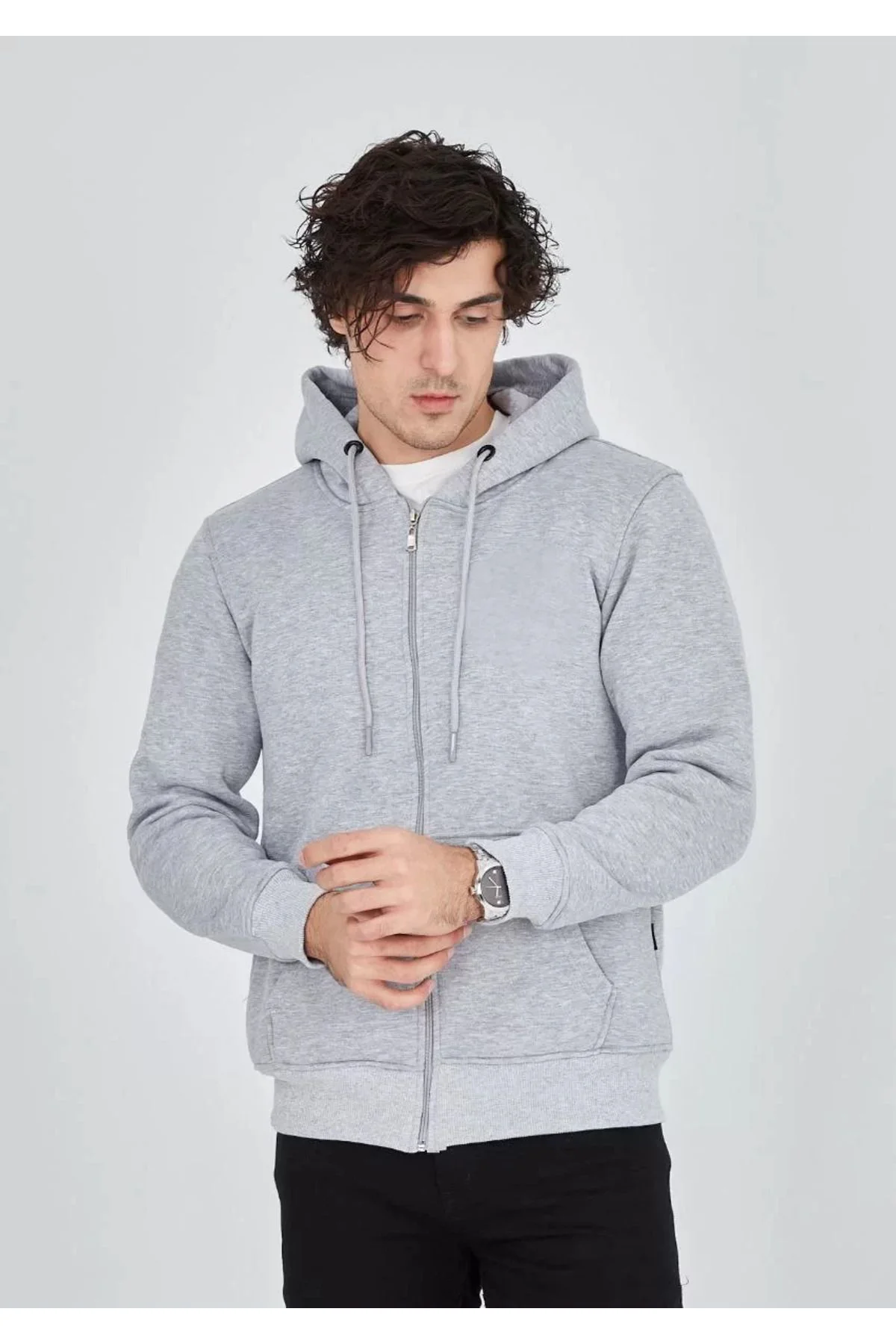 Unisex Tam Fermuarlı Kapşonlu  SweatShirt - Gri