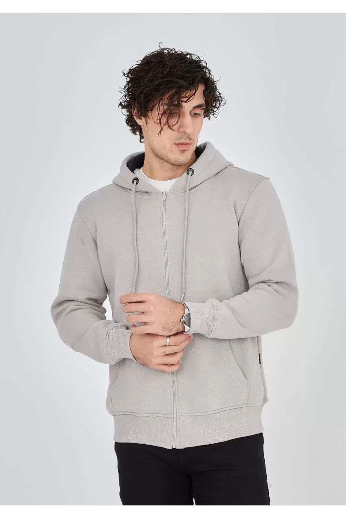 Unisex Tam Fermuarlı Kapşonlu  SweatShirt - Boyalı Gri
