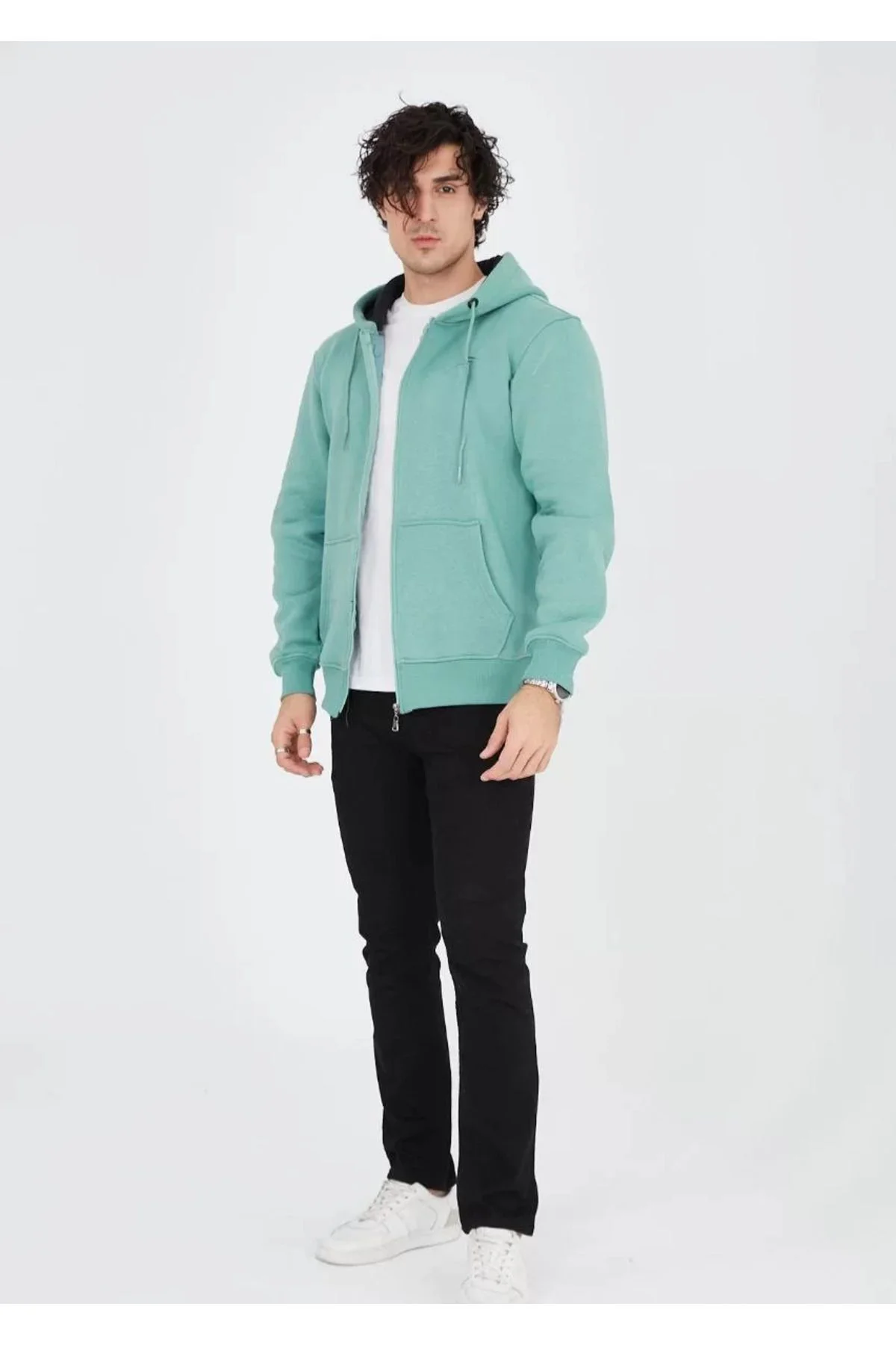 Unisex Tam Fermuarlı Kapşonlu  SweatShirt - Mint Yeşili