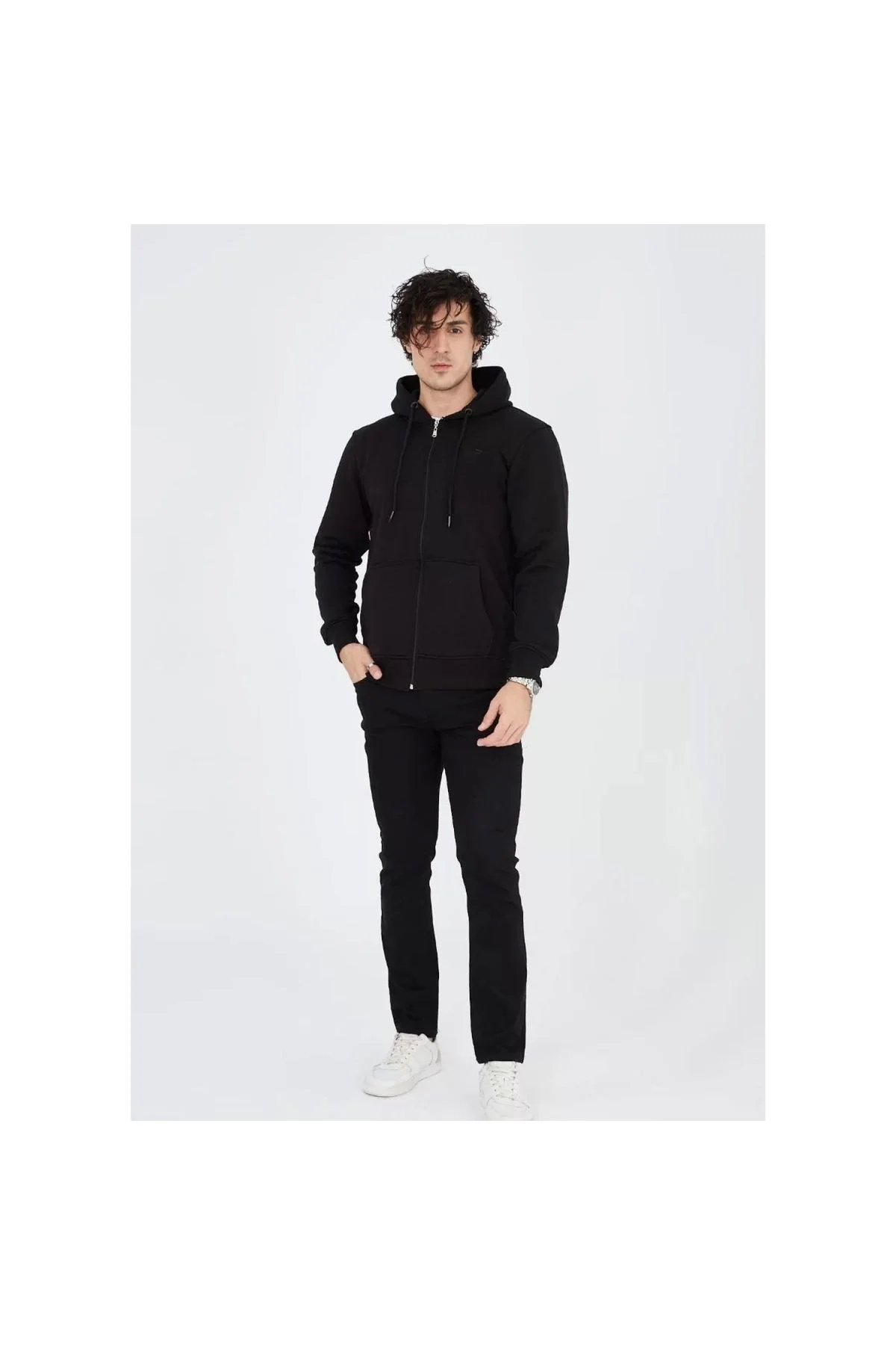 Unisex Tam Fermuarlı Kapşonlu  SweatShirt - Siyah