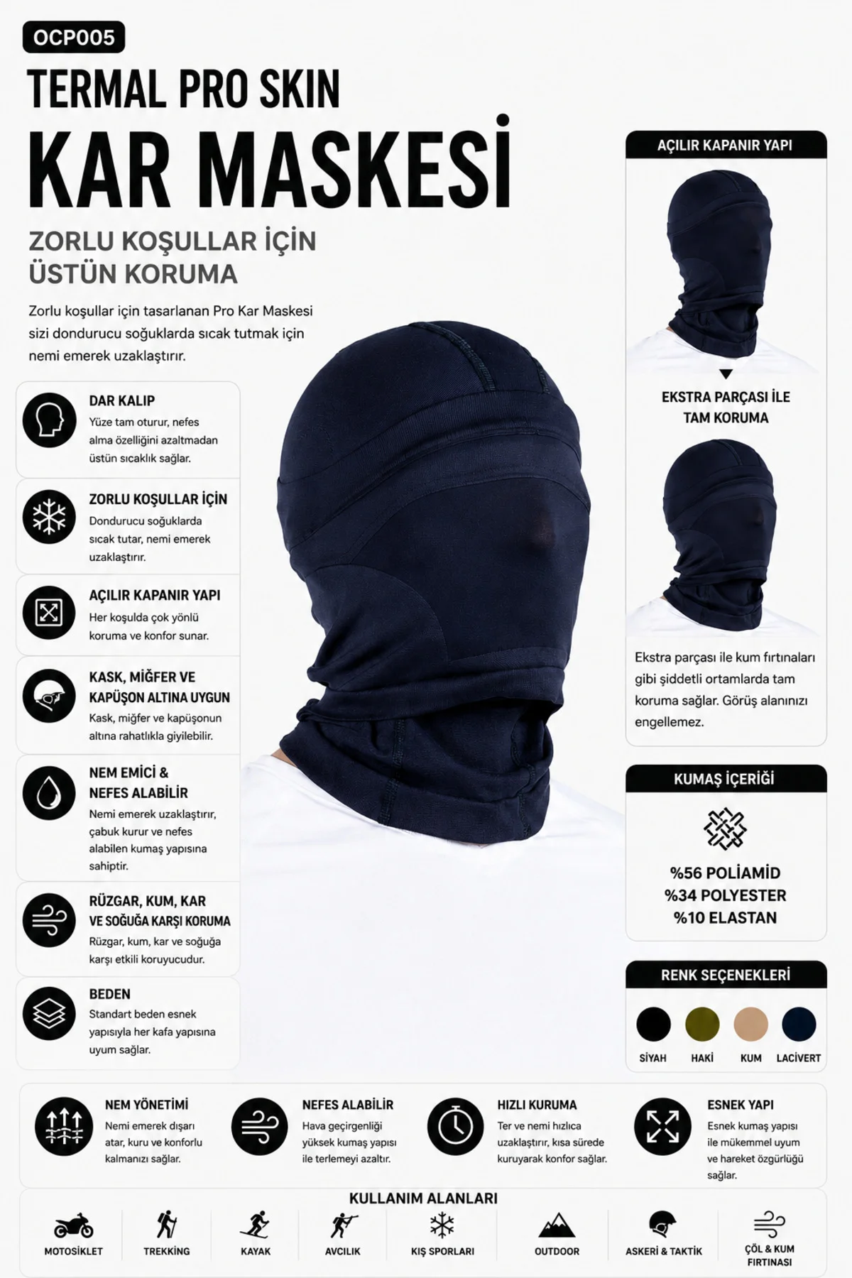 Unisex Tam Koruma Kar Maskesi Rüzgar Geçirmez Termal   Balaklava