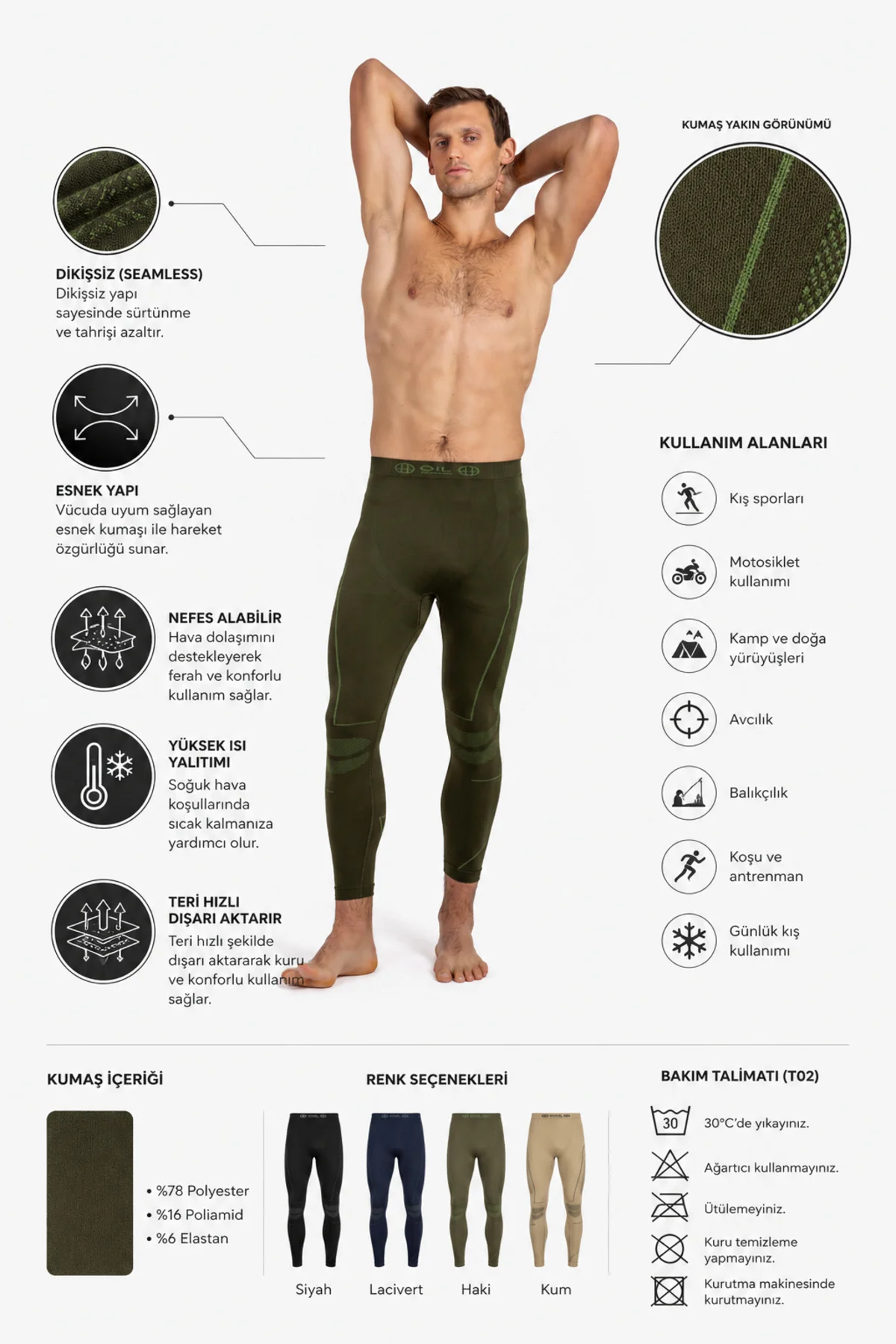 Unisex Termal İçlik Alt Seamless Esnek Nefes Alabilen Kışlık Tayt HAKİ 3.SEVİYE