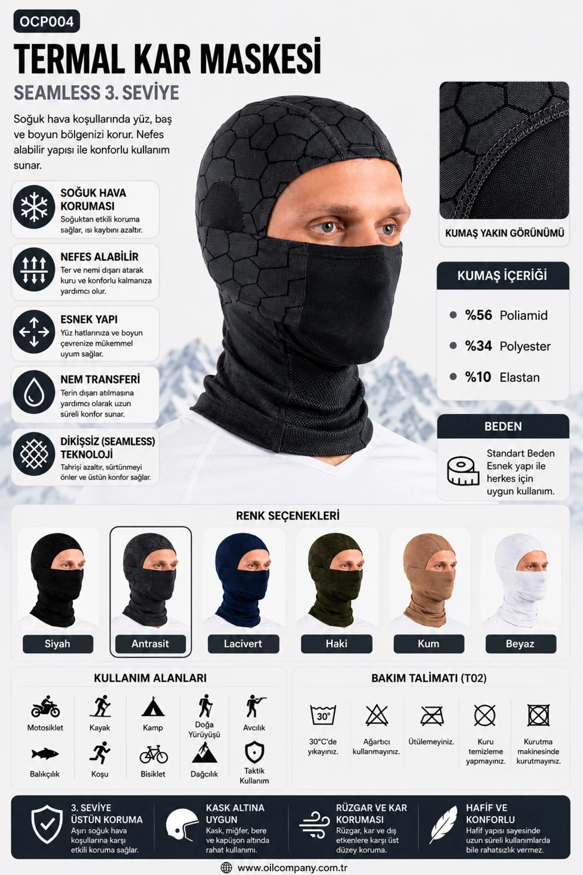 Unisex Termal Rüzgar Geçirmez Motorcu Kayak Kamp Kışlık Bere Balaklava Termal Kar Maskesi OCP004