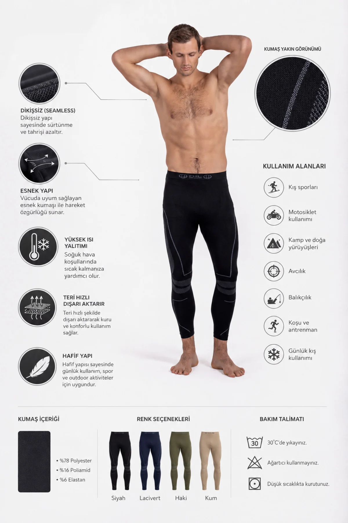 Unisex Termal Tayt İçlik Alt Dikişsiz Seamless Ultra Sıcak Tutucu III. Seviye SİYAH
