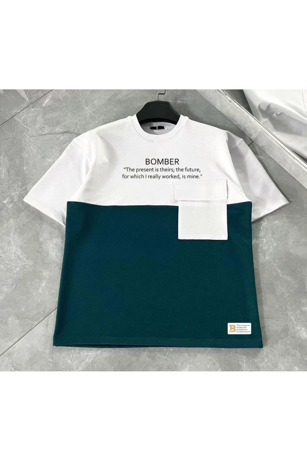 Unisex Torba Cep Detaylı  Parçalı T-Shirt - Lacivert