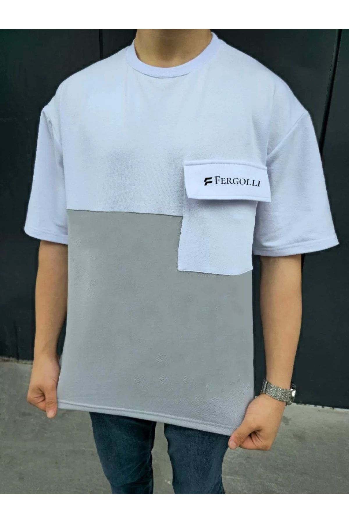 Unisex Torba Cep Detaylı  Parçalı T-Shirt - Gri