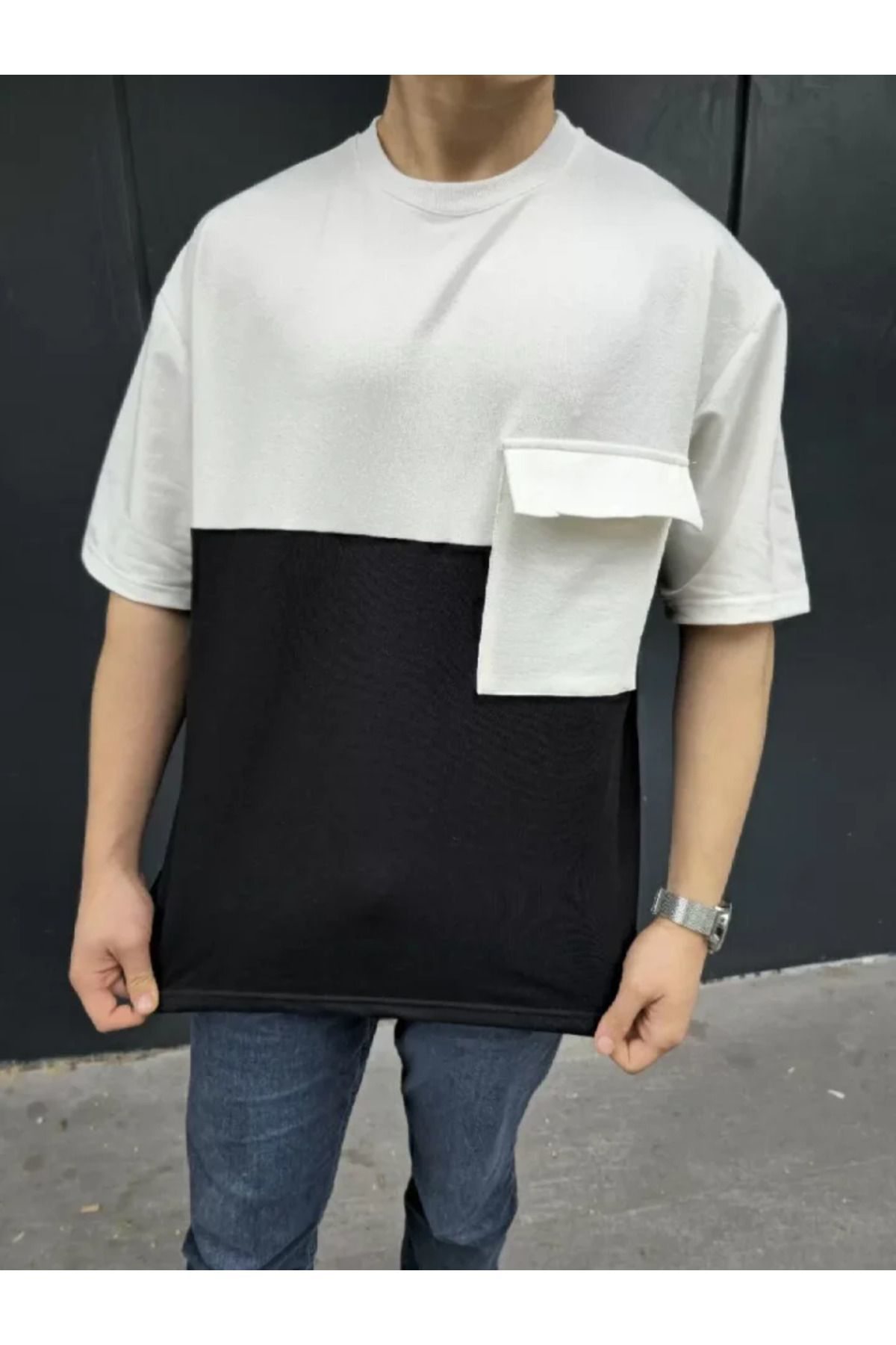 Unisex Torba Cep Detaylı Parçalı T-Shirt - Siyah