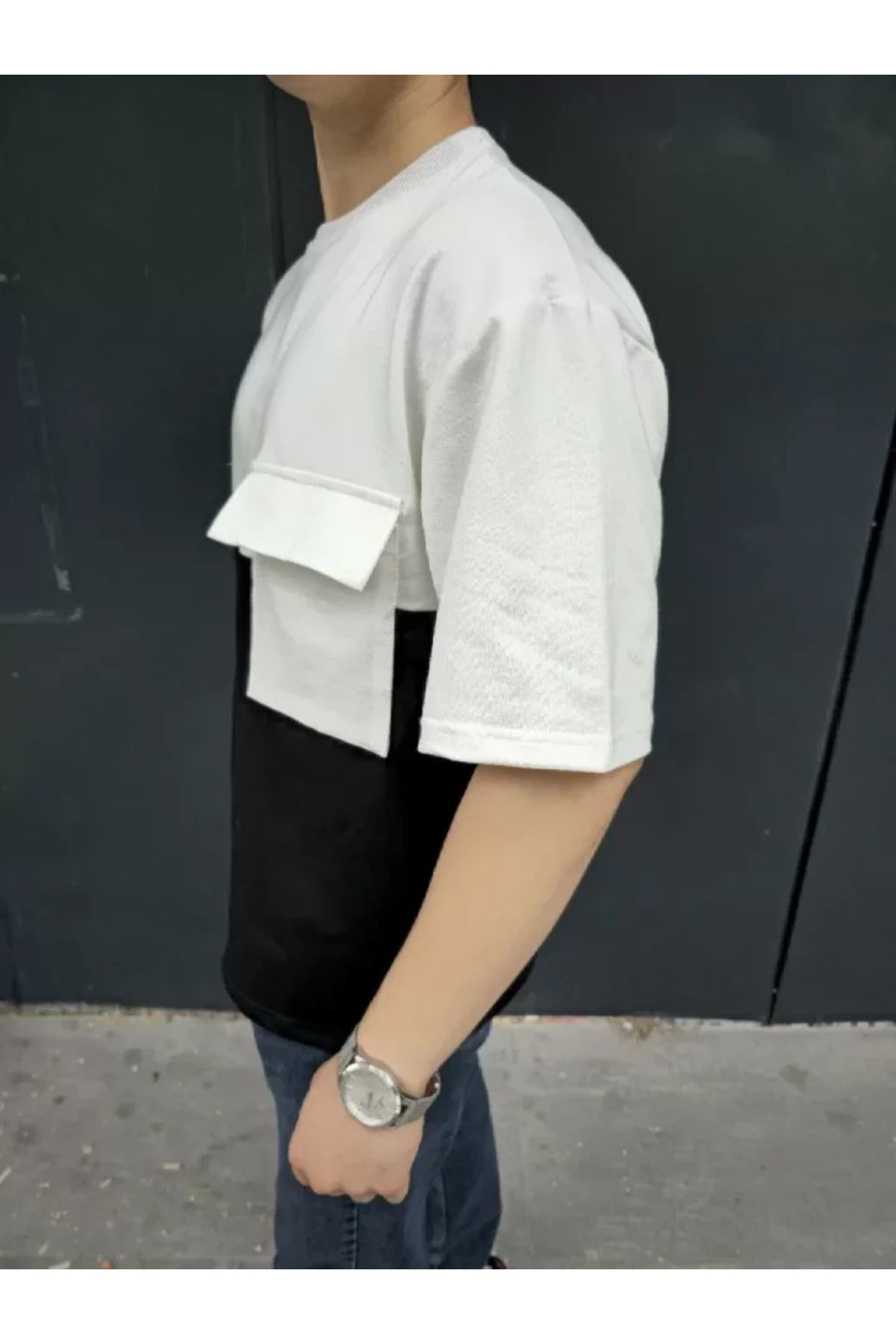 Unisex Torba Cep Detaylı Parçalı T-Shirt - Siyah