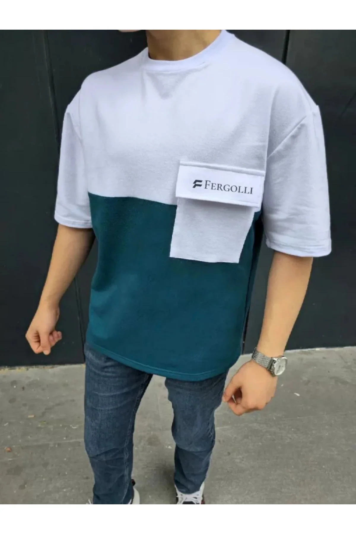 Unisex Torba Cep Detaylı  Parçalı T-Shirt - Lacivert