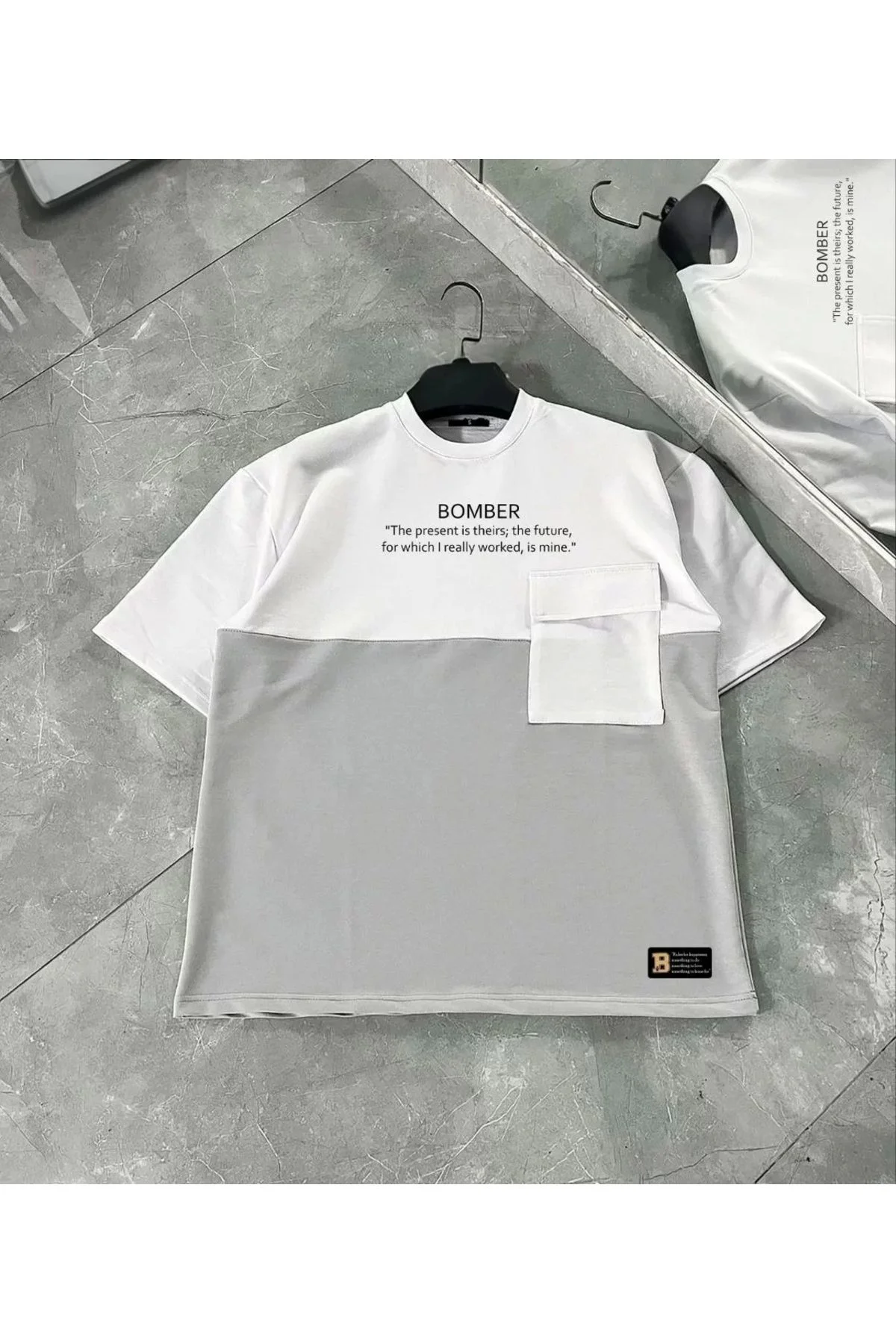 Unisex Torba Cep Detaylı Parçalı T-shirt - Gri