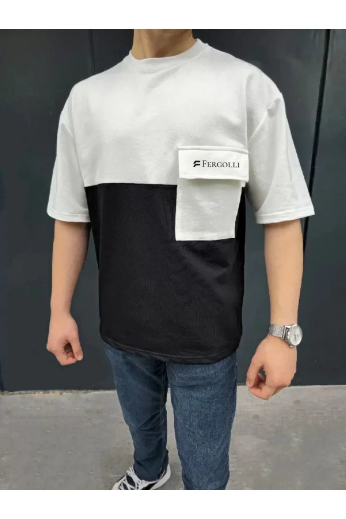 Unisex Torba Cep Detaylı  Parçalı T-Shirt - Siyah