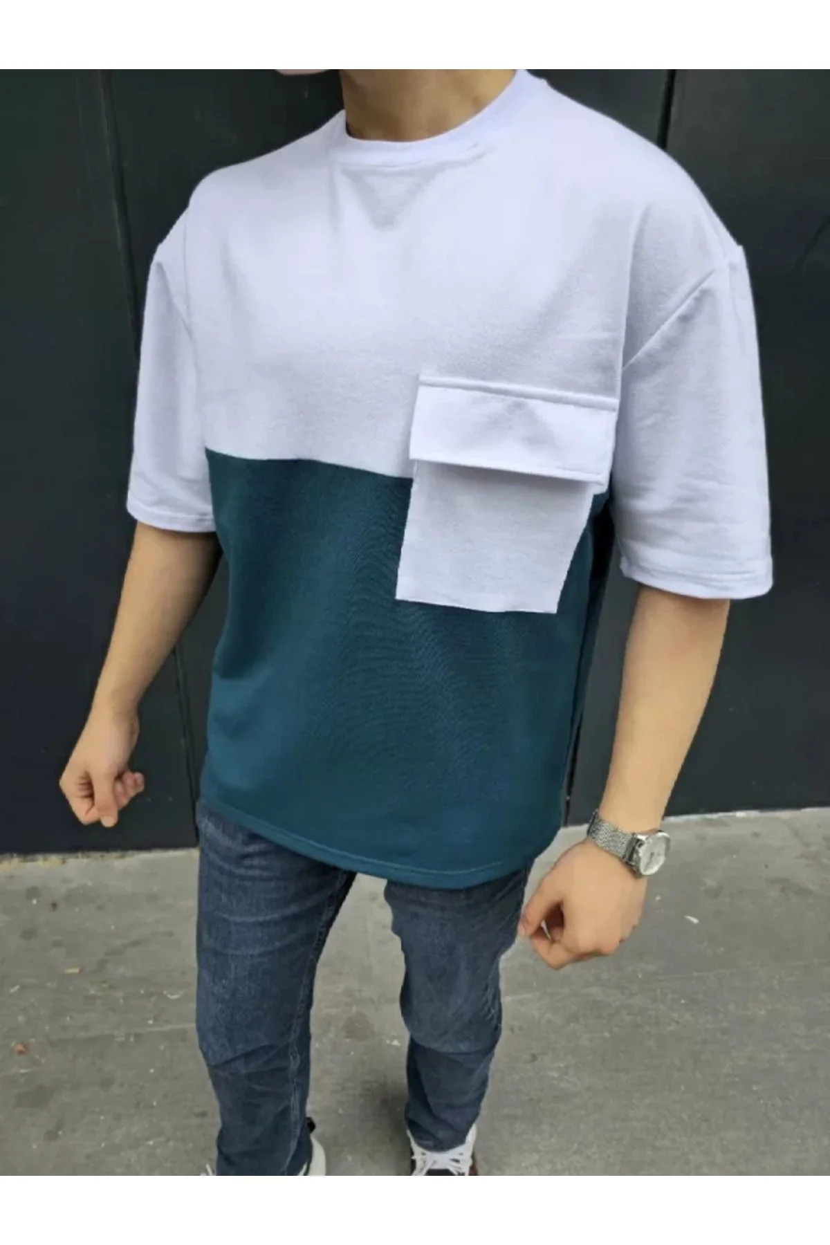 Unisex Torba Cep Detaylı Parçalı T-Shirt - Lacivert