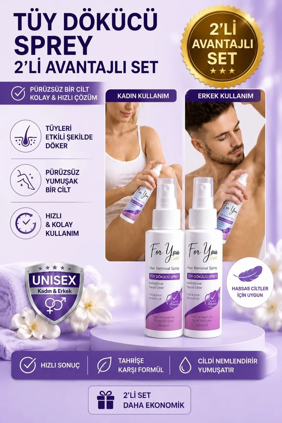 Unisex Tüy Dökücü Krem Sprey 100 Ml X 2 Adet
