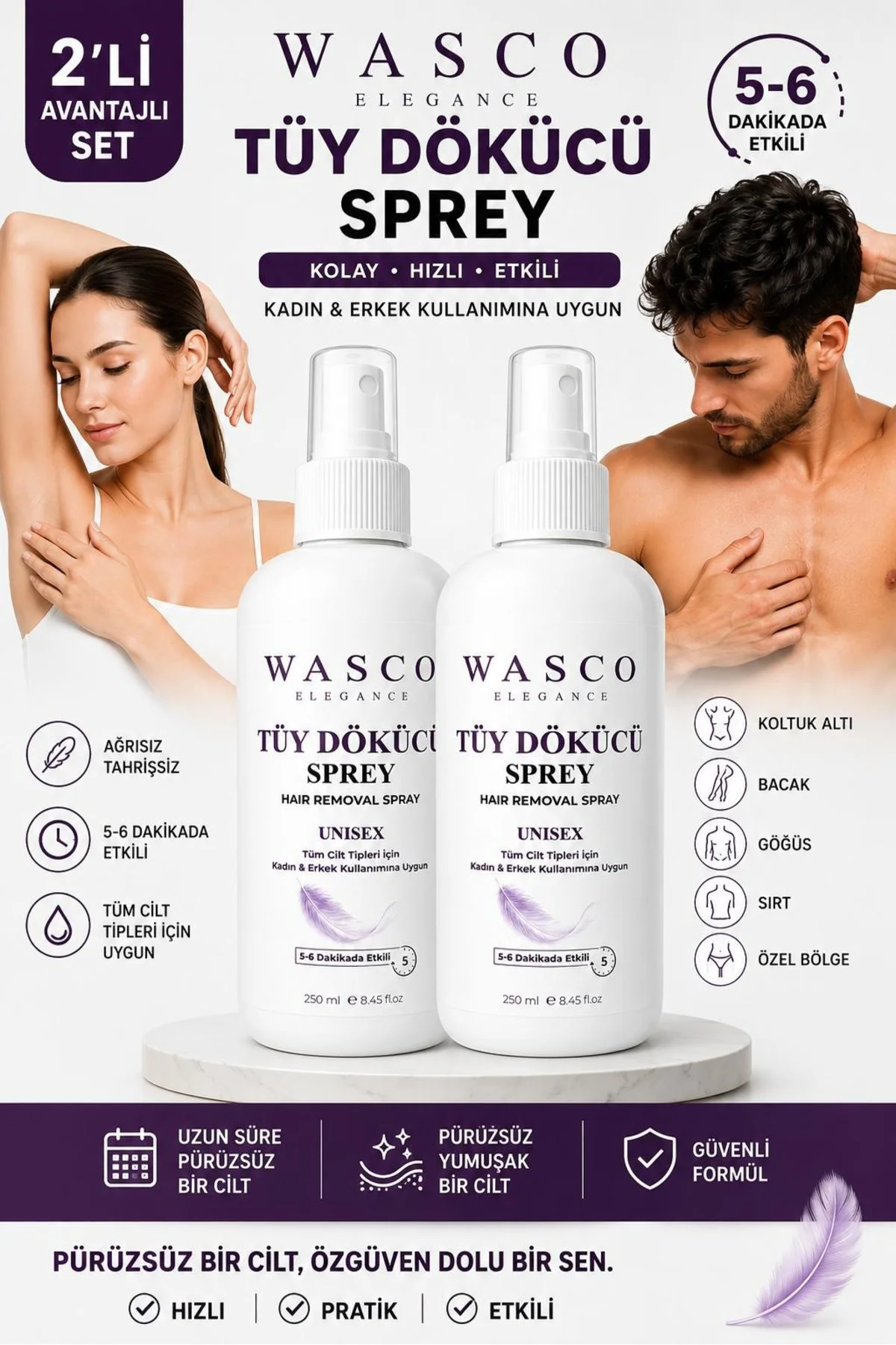Unisex Tüy Dökücü Sprey 250 ml x 2 Adet – Kadın & Erkek Tüm Vücut