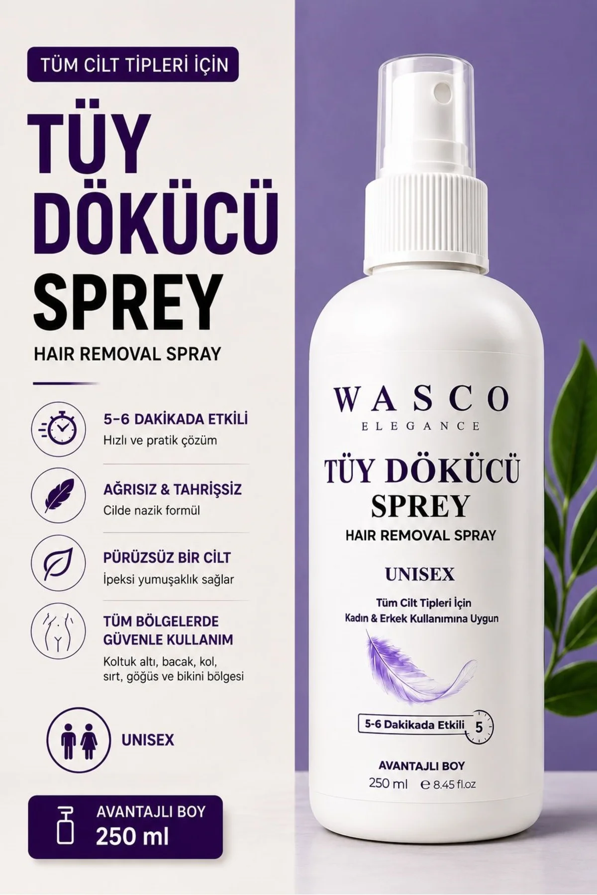 Unisex Tüy Dökücü Sprey 250 ml x 2 Adet – Kadın & Erkek Tüm Vücut