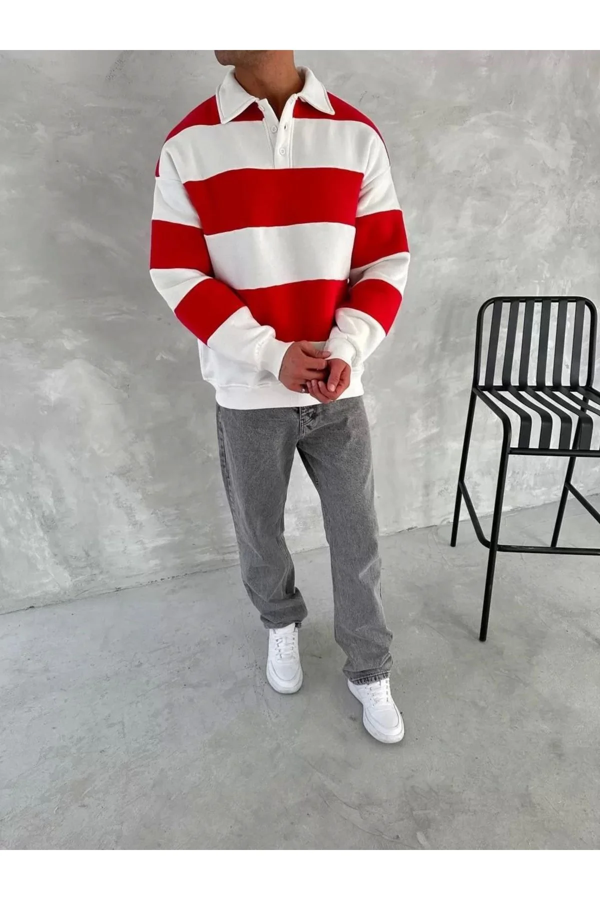 Unisex Üç Iplik Parçalı Yakalı Sweatshirt - Kırmızı