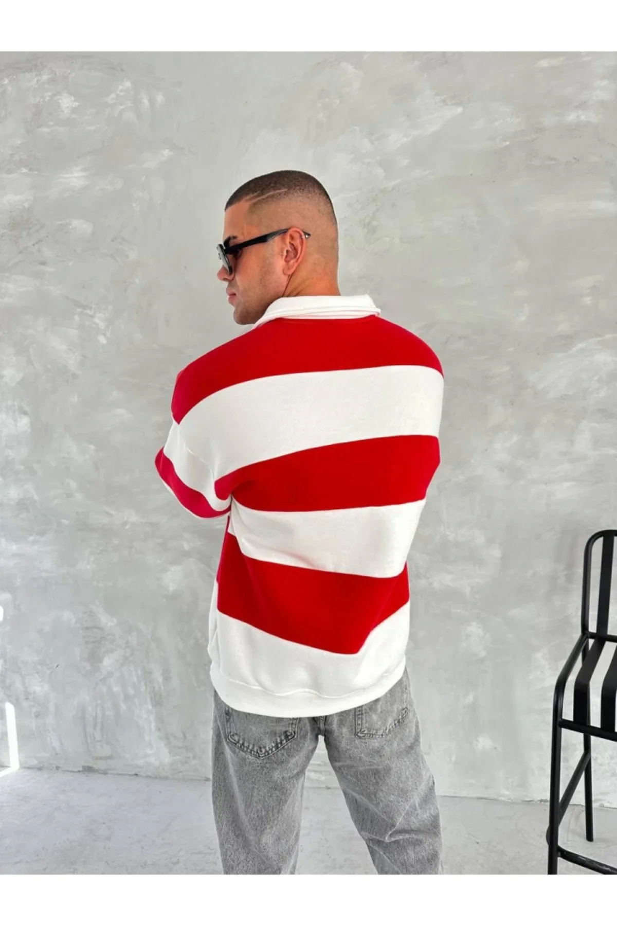 Unisex Üç İplik Parçalı Yakalı SweatShirt - Kırmızı