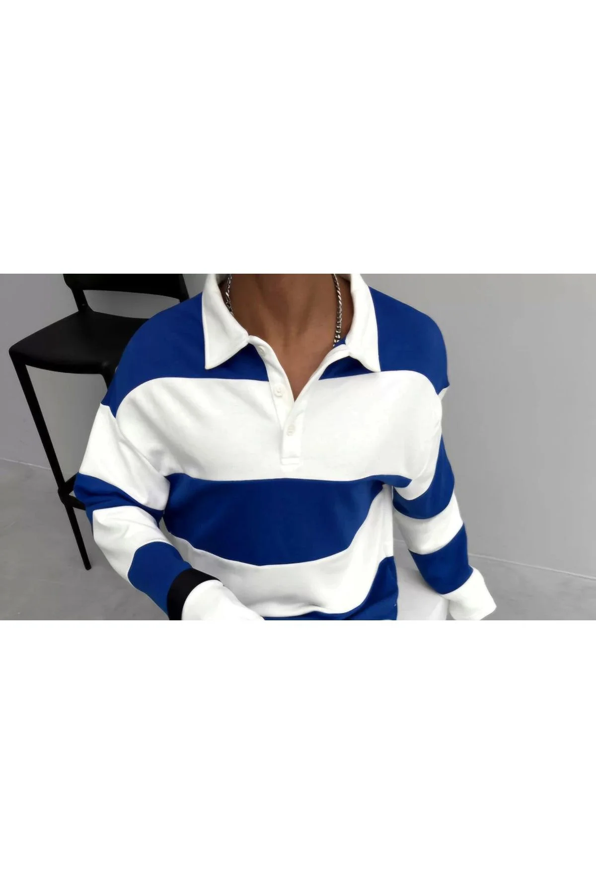 Unisex Üç Iplik Parçalı Yakalı Sweatshirt - Mavi