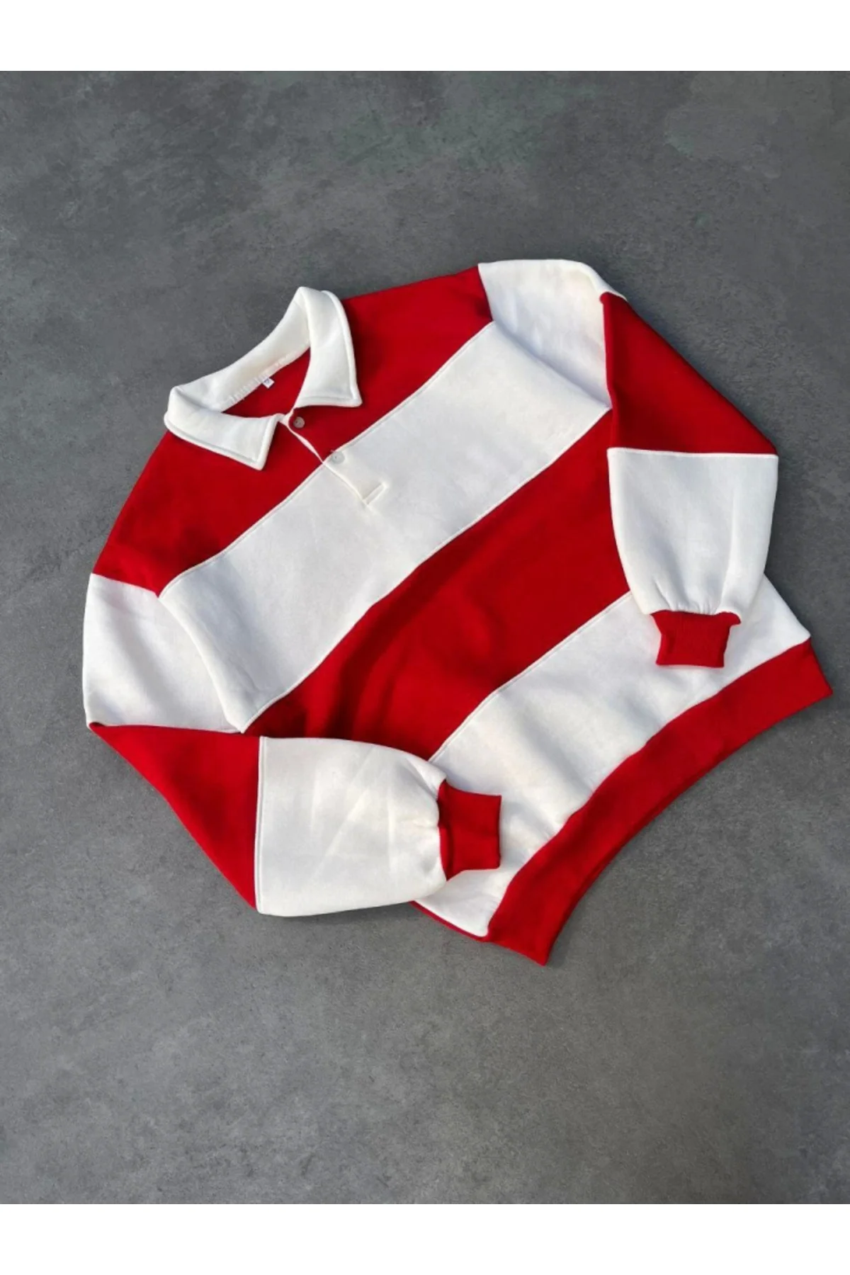 Unisex Üç İplik Parçalı Yakalı SweatShirt - Kırmızı