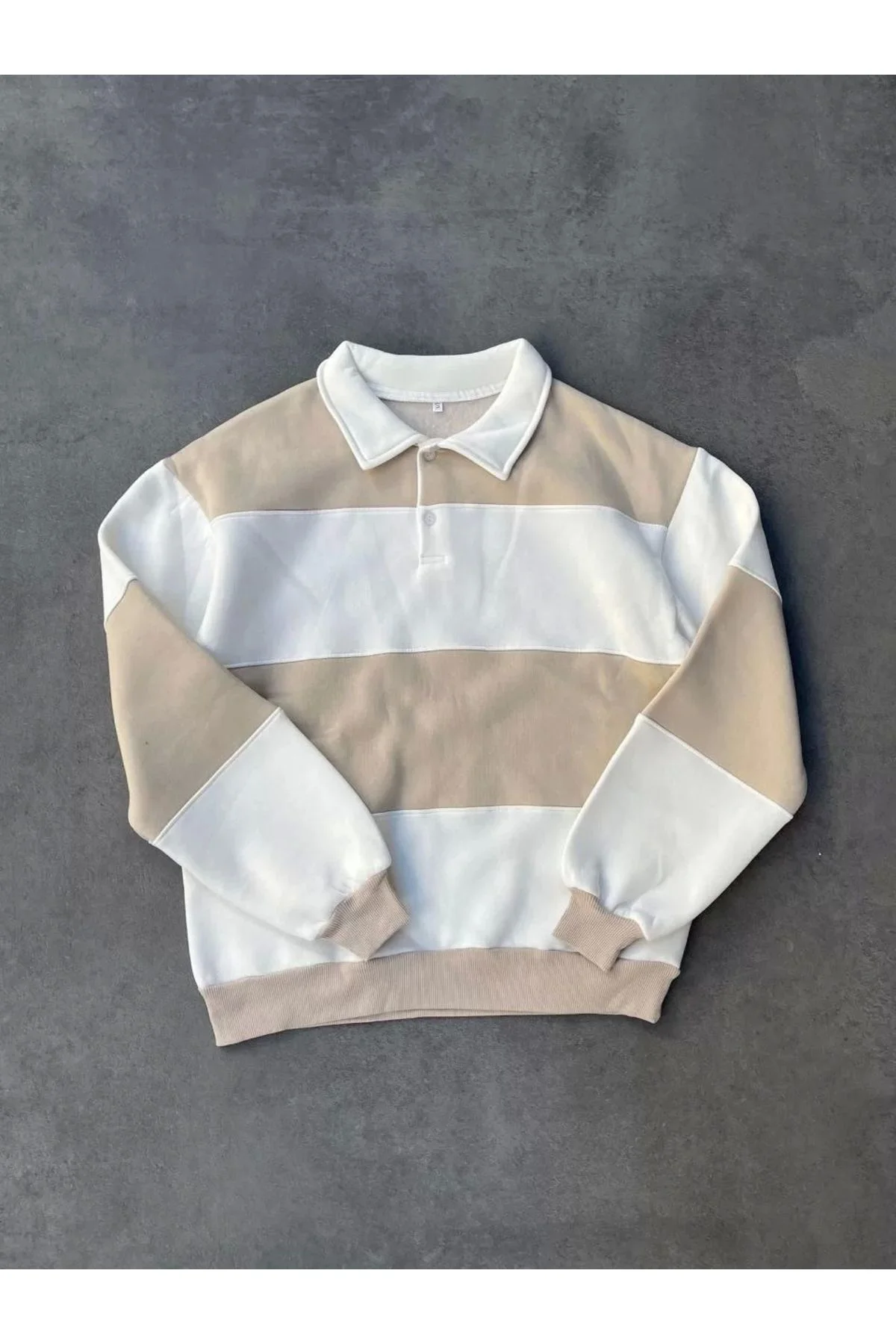 Unisex Üç İplik Parçalı Yakalı SweatShirt - Bej