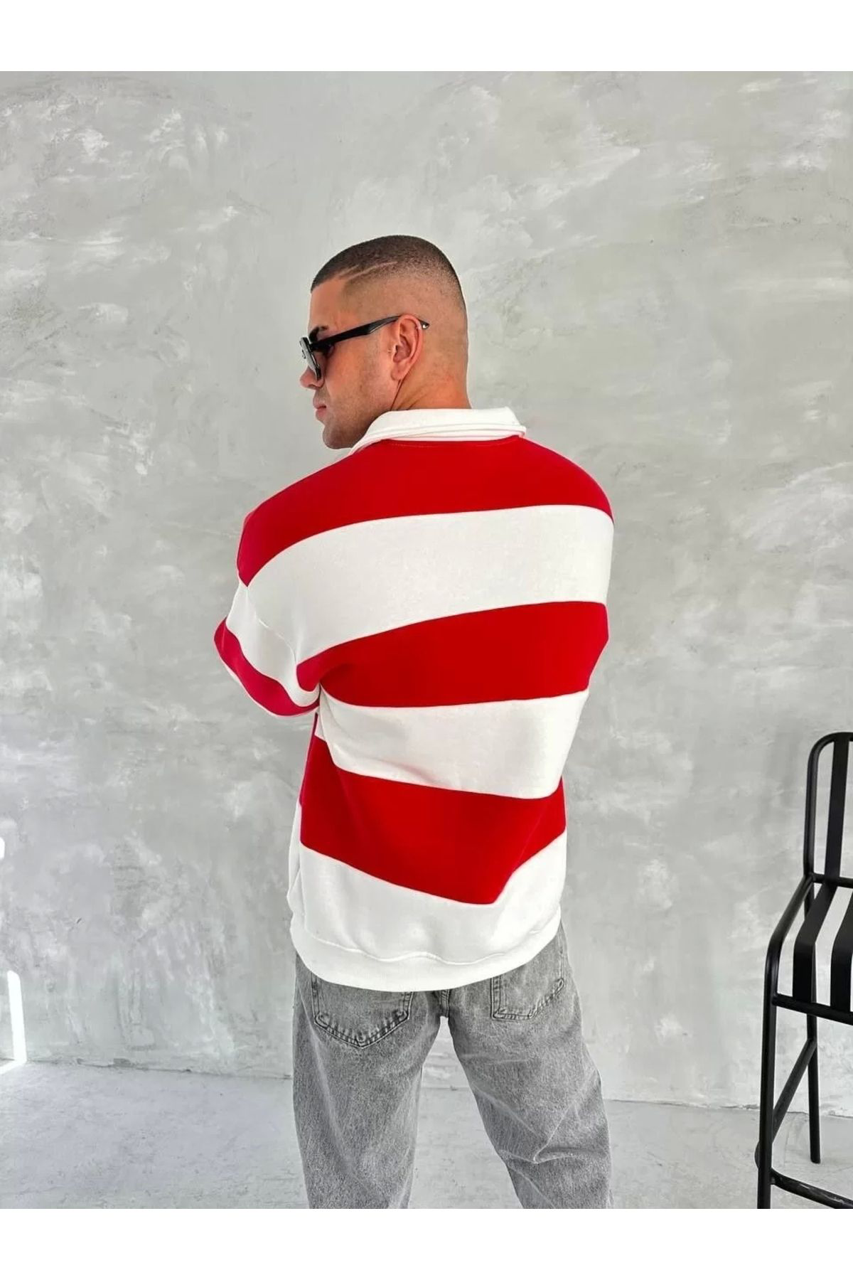 Unisex Üç Iplik Parçalı Yakalı Sweatshirt - Kırmızı
