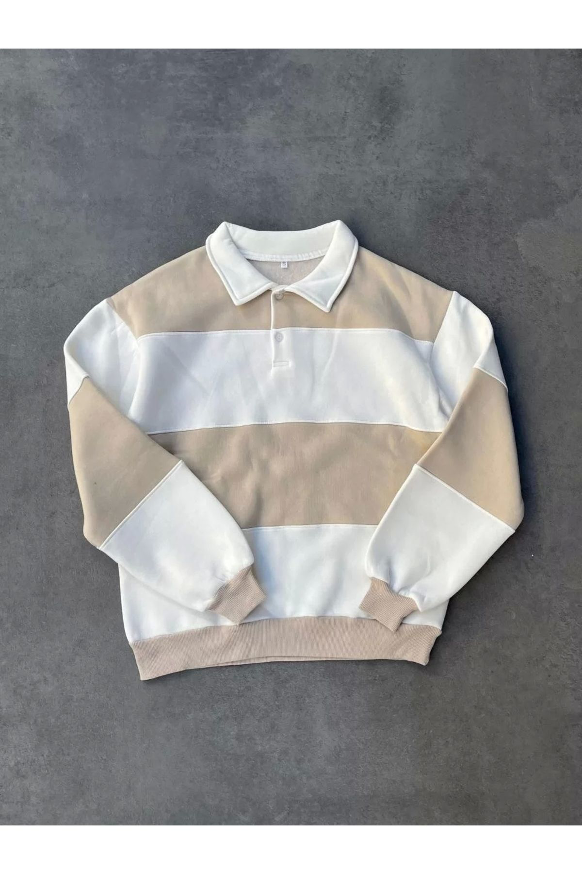 Unisex Üç İplik Parçalı Yakalı SweatShirt - Bej