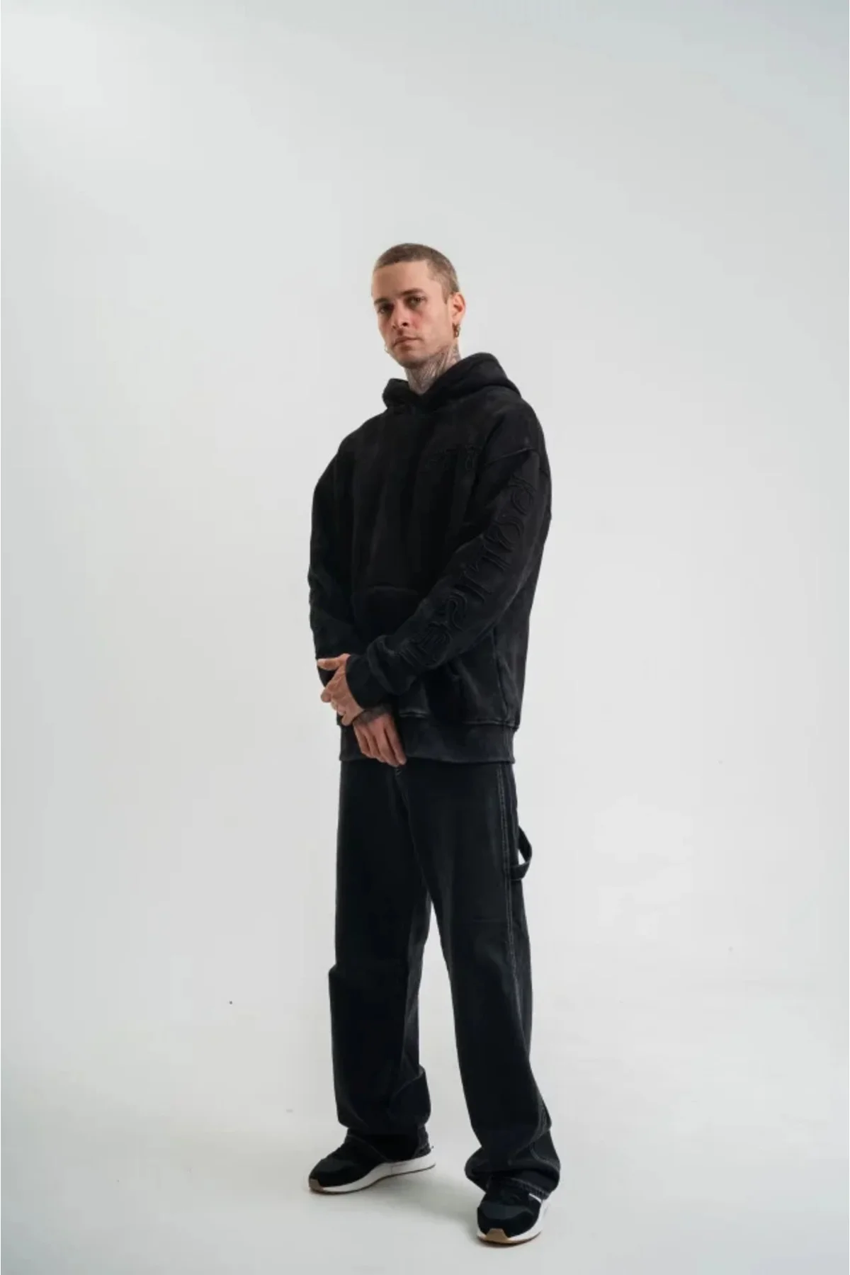 Unisex Uzun Kol Kapşonlu Yıkamalı Nakışlı SweatShirt - Siyah