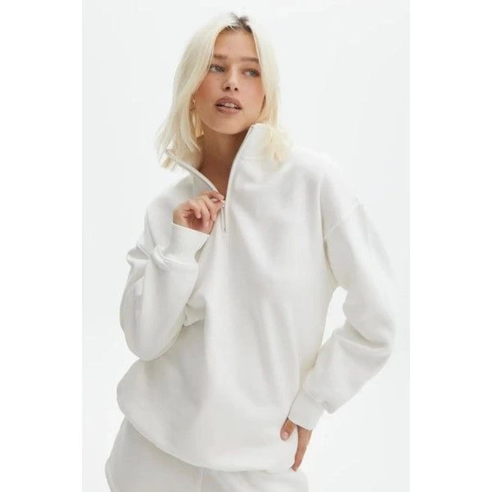 Unisex Uzun Kol Yarım Farmuarlı Yakalı Basic SweatShirt - Beyaz