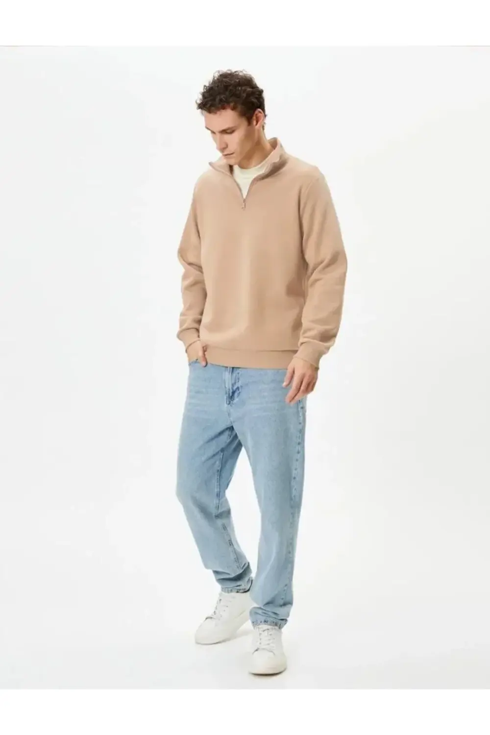 Unisex Uzun Kol Yarım Farmuarlı Yakalı Basic SweatShirt - Bej