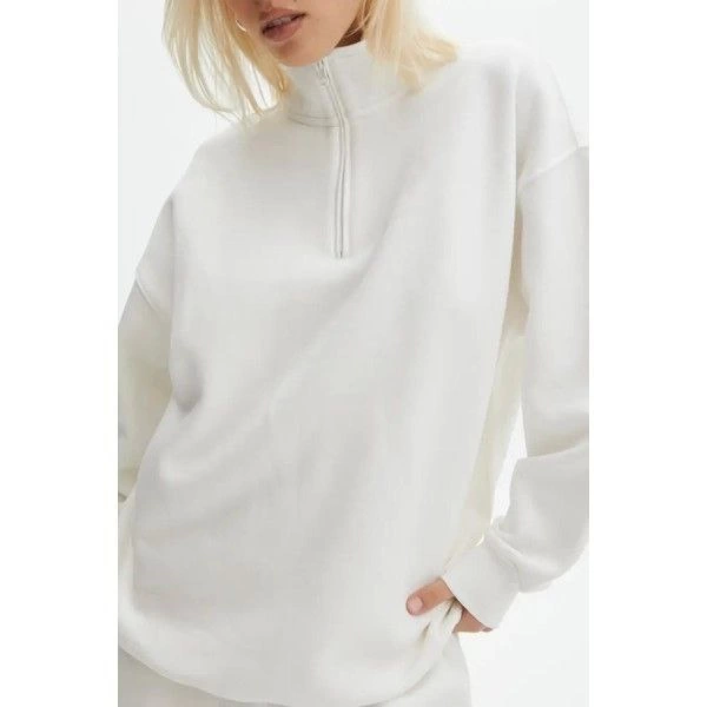 Unisex Uzun Kol Yarım Farmuarlı Yakalı Basic SweatShirt - Beyaz