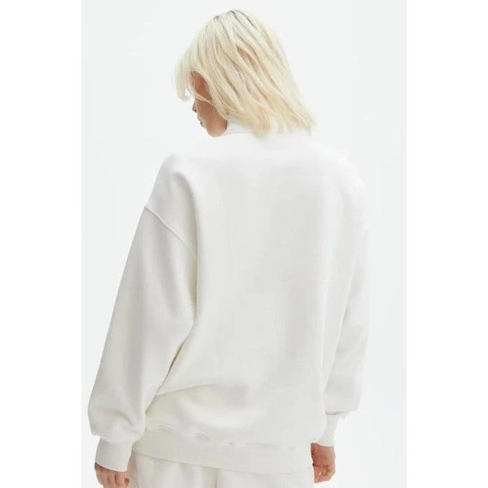 Unisex Uzun Kol Yarım Farmuarlı Yakalı Basic SweatShirt - Beyaz