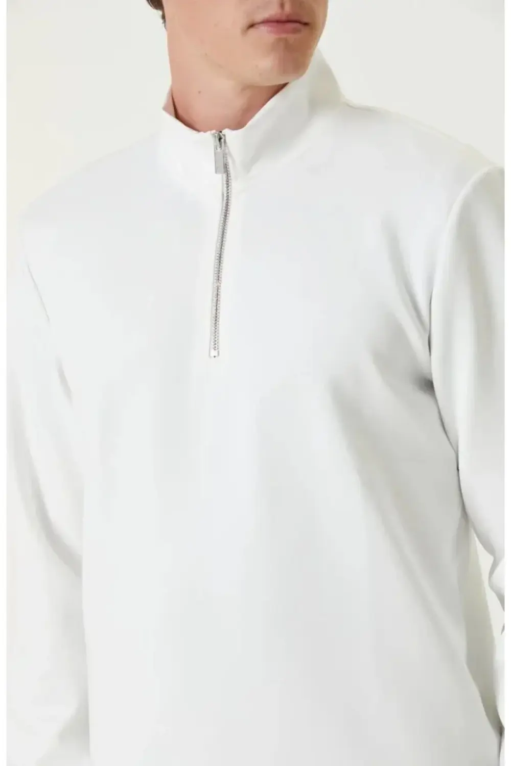 Unisex Uzun Kol Yarım Farmuarlı Yakalı Basic SweatShirt - Beyaz