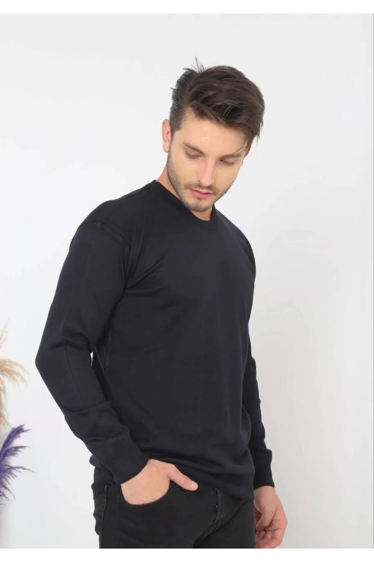 Unisex Uzun Kol Biskilet Yaka Dokuma Triko - Lacivert