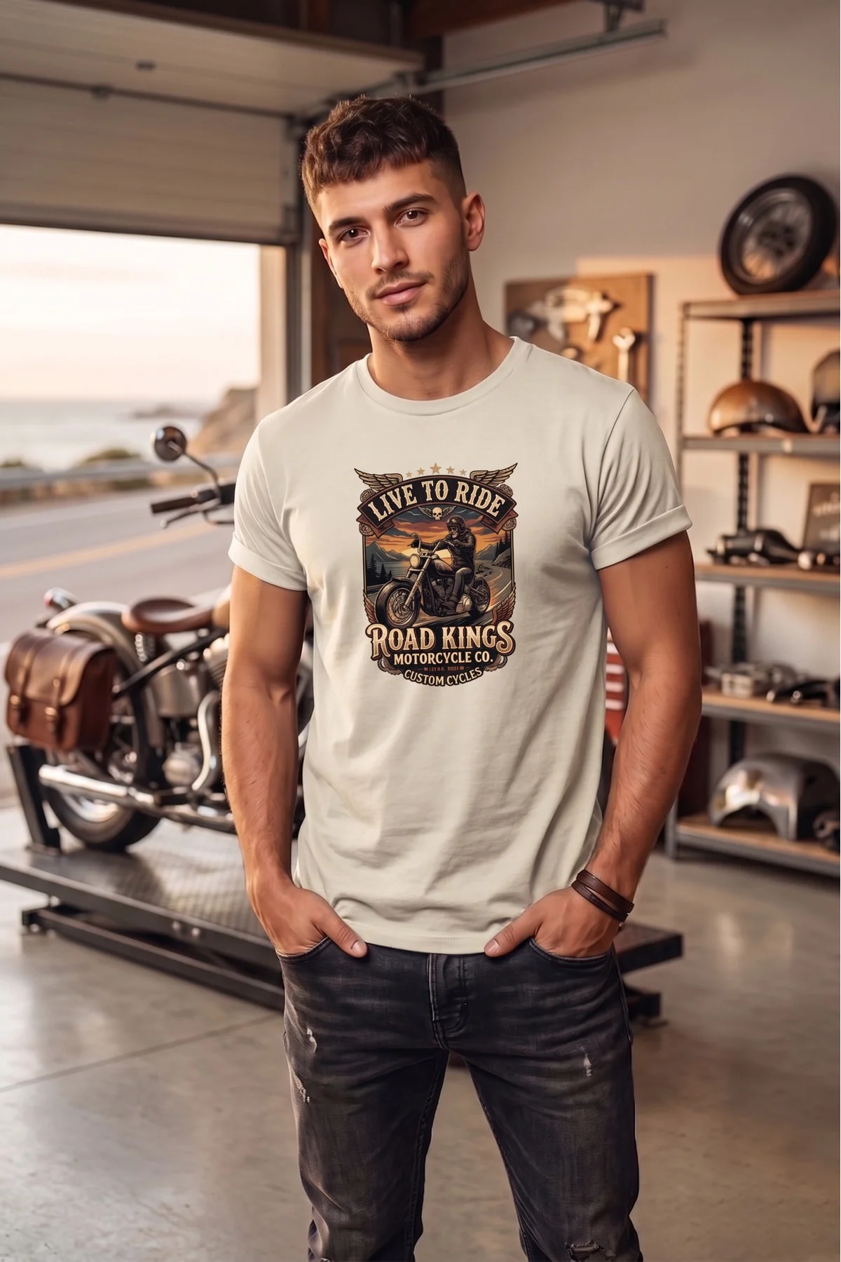 Unisex Vintage Road Kings Motosiklet Baskılı Özel Tasarım %100 Pa