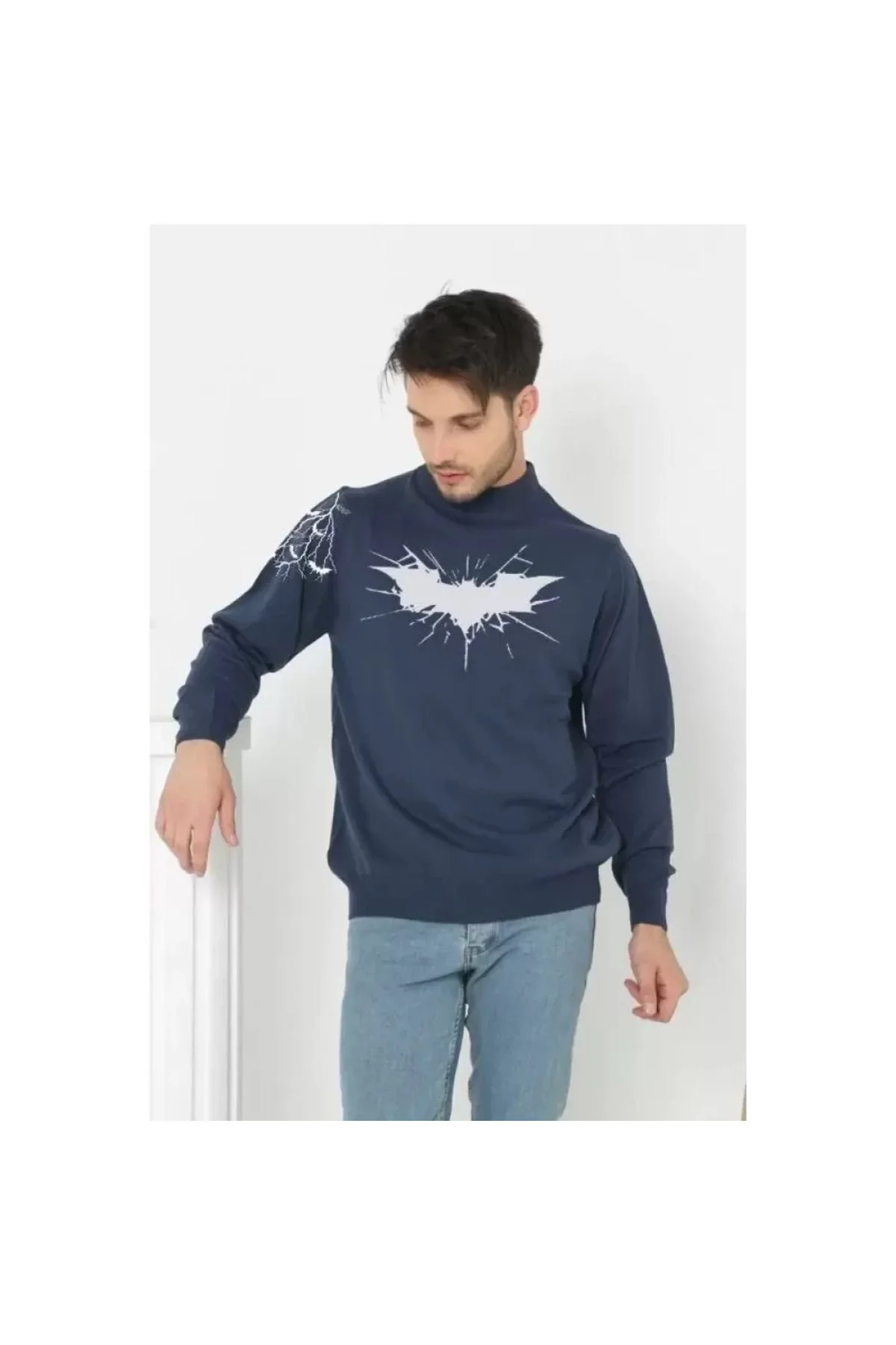 Unisex Yarım Boğazlı Baskılı Dokuma Triko -Indigo
